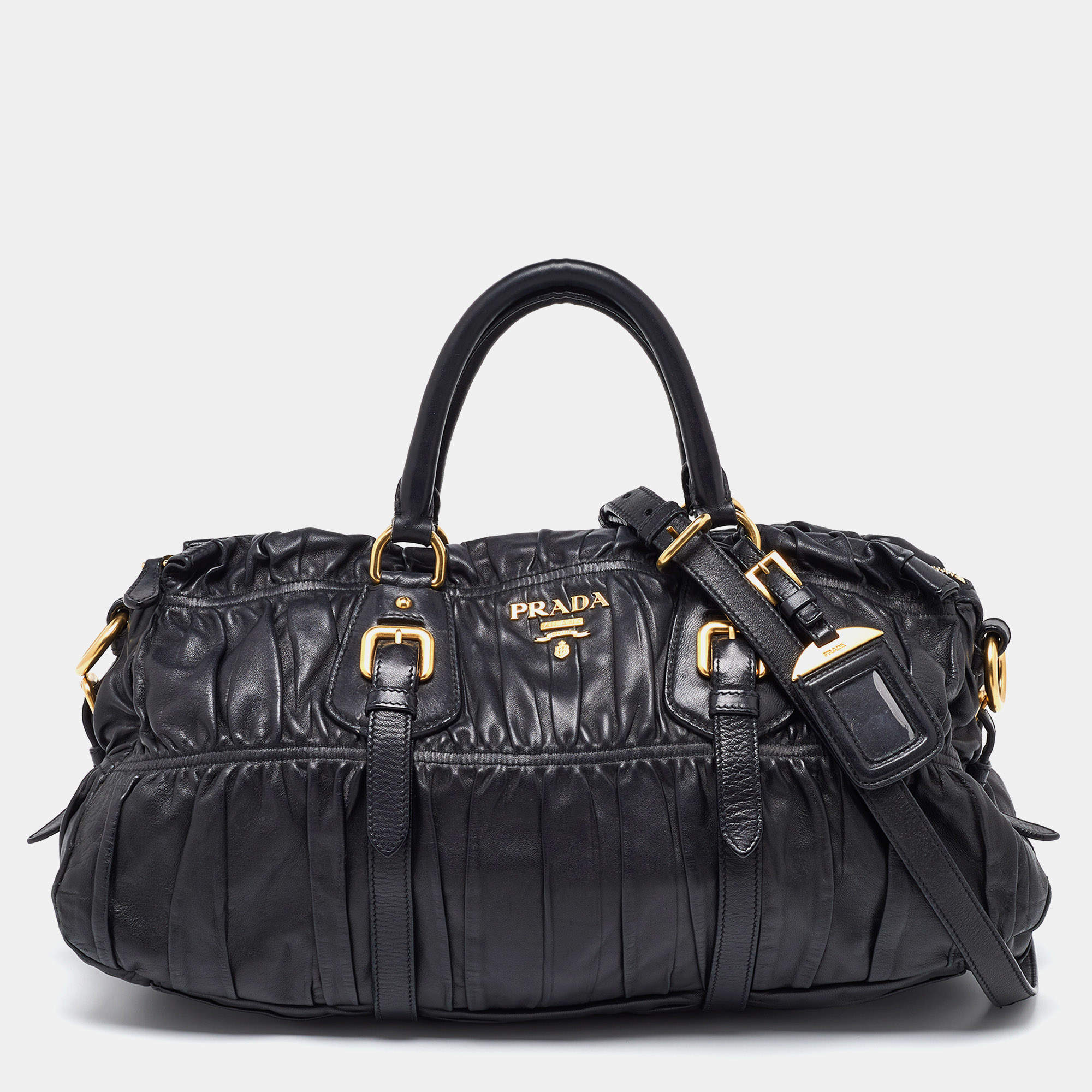 Prada Black Nappa Gaufre Leather Buckle Satchel