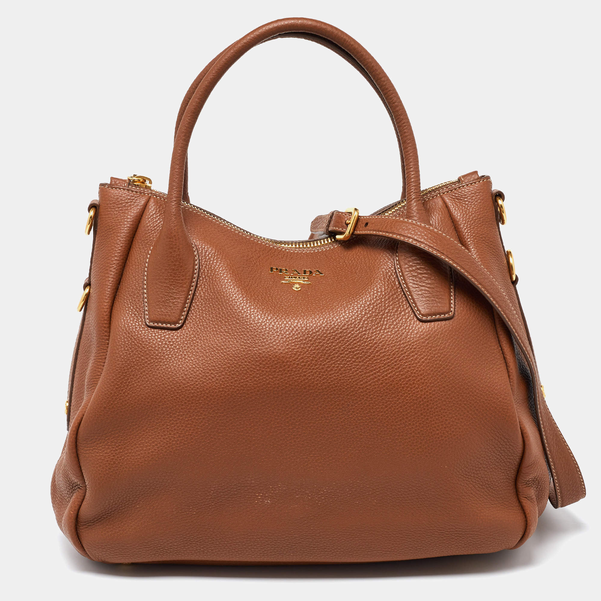 Pre Owned Prada Brown Vitello Daino Leather Sacca 2 Manici Tote
