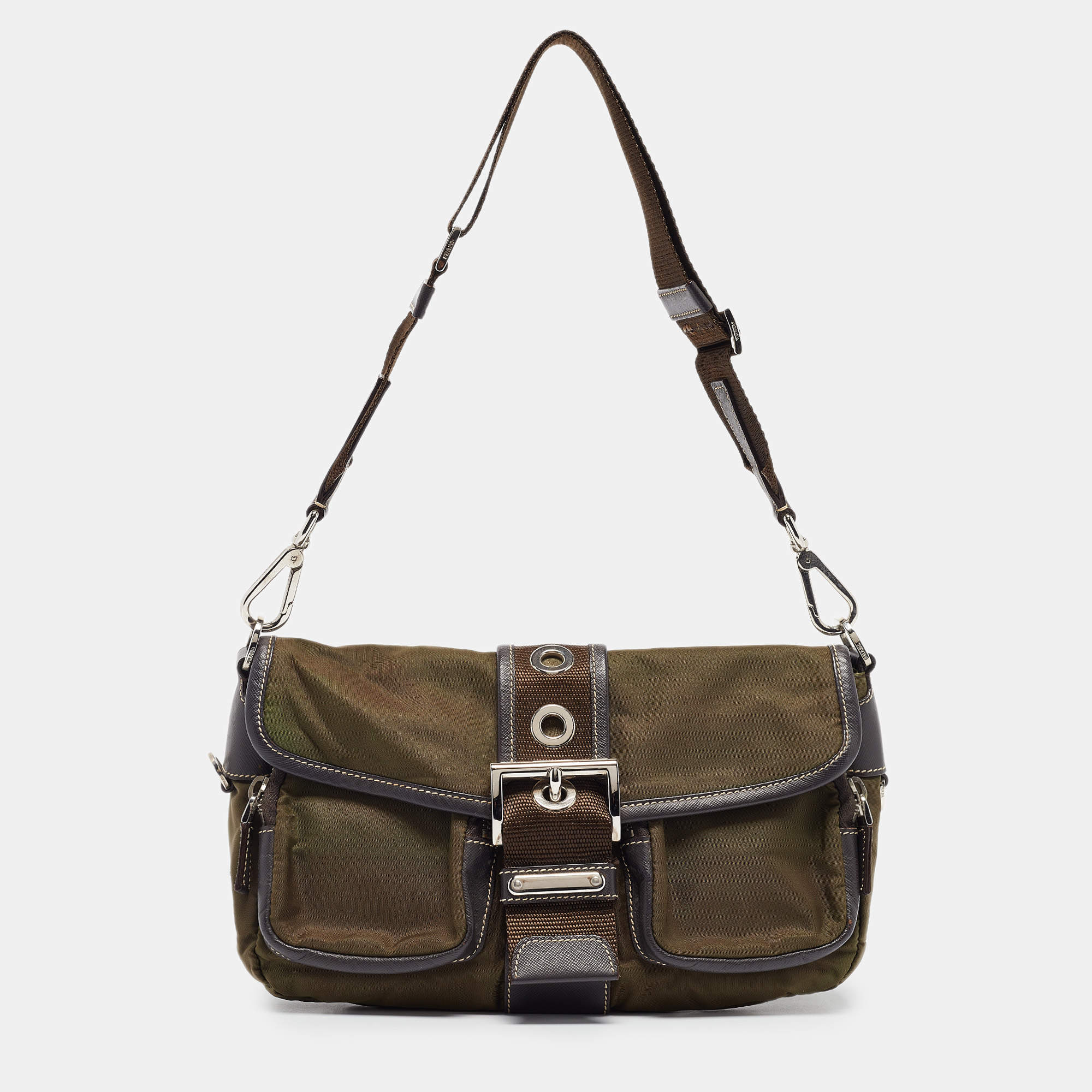 Pre Owned Prada Olive Green Tessuto and Leather Buckle Flap Shoulder Bag