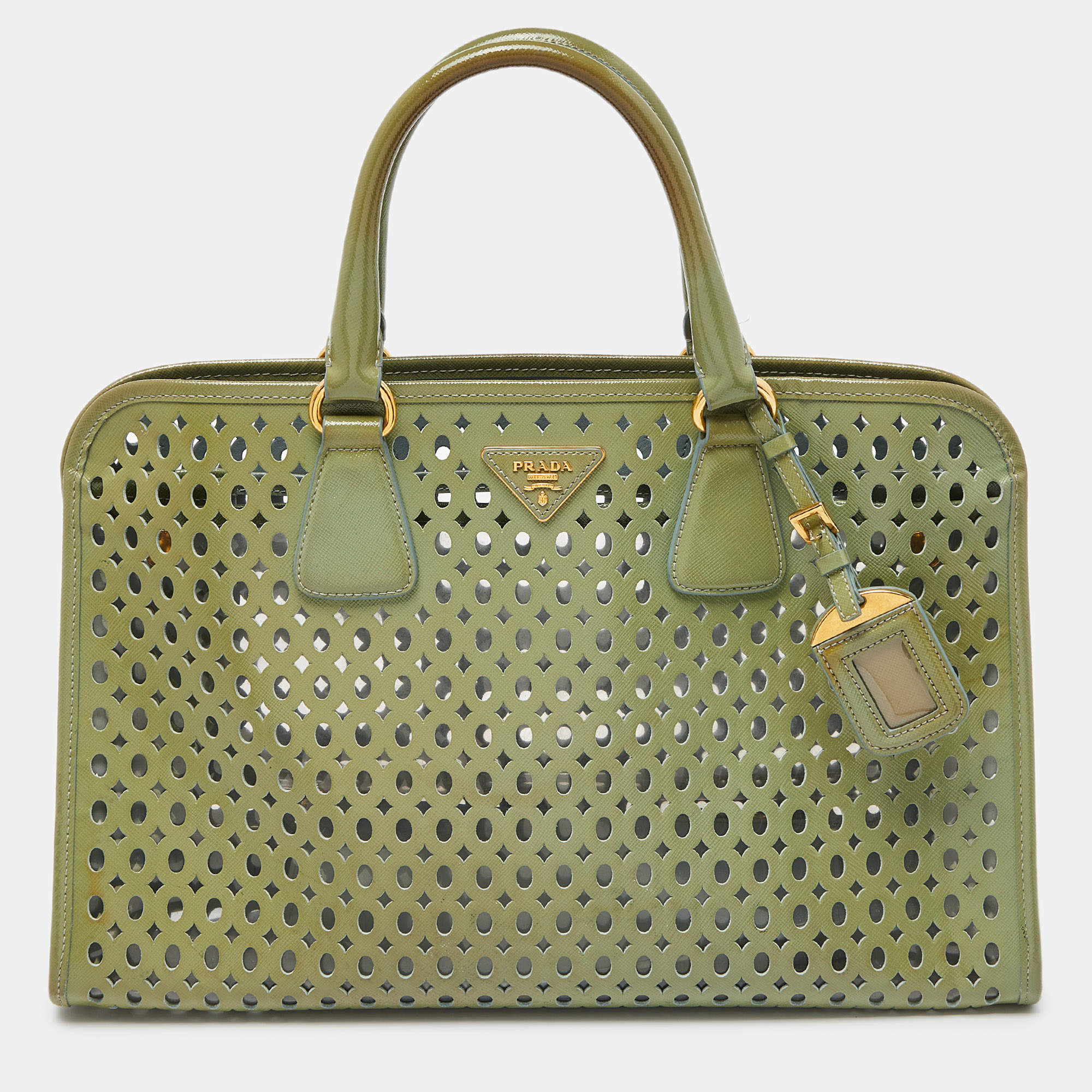 Prada Green Perforated Saffiano Fori Patent Leather Satchel