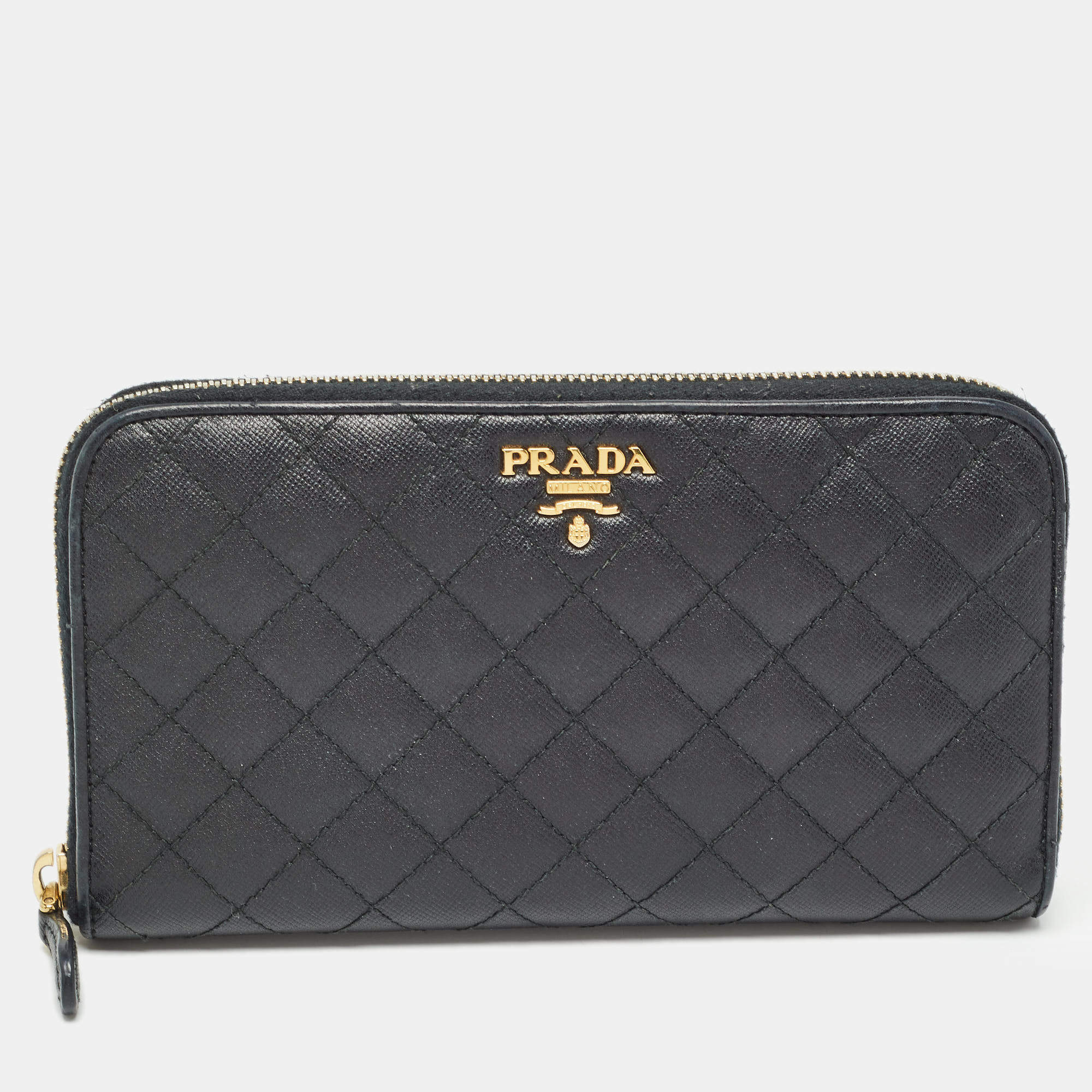 Pre Owned Prada Black Quilted Saffiano Leather Zip Around Wallet