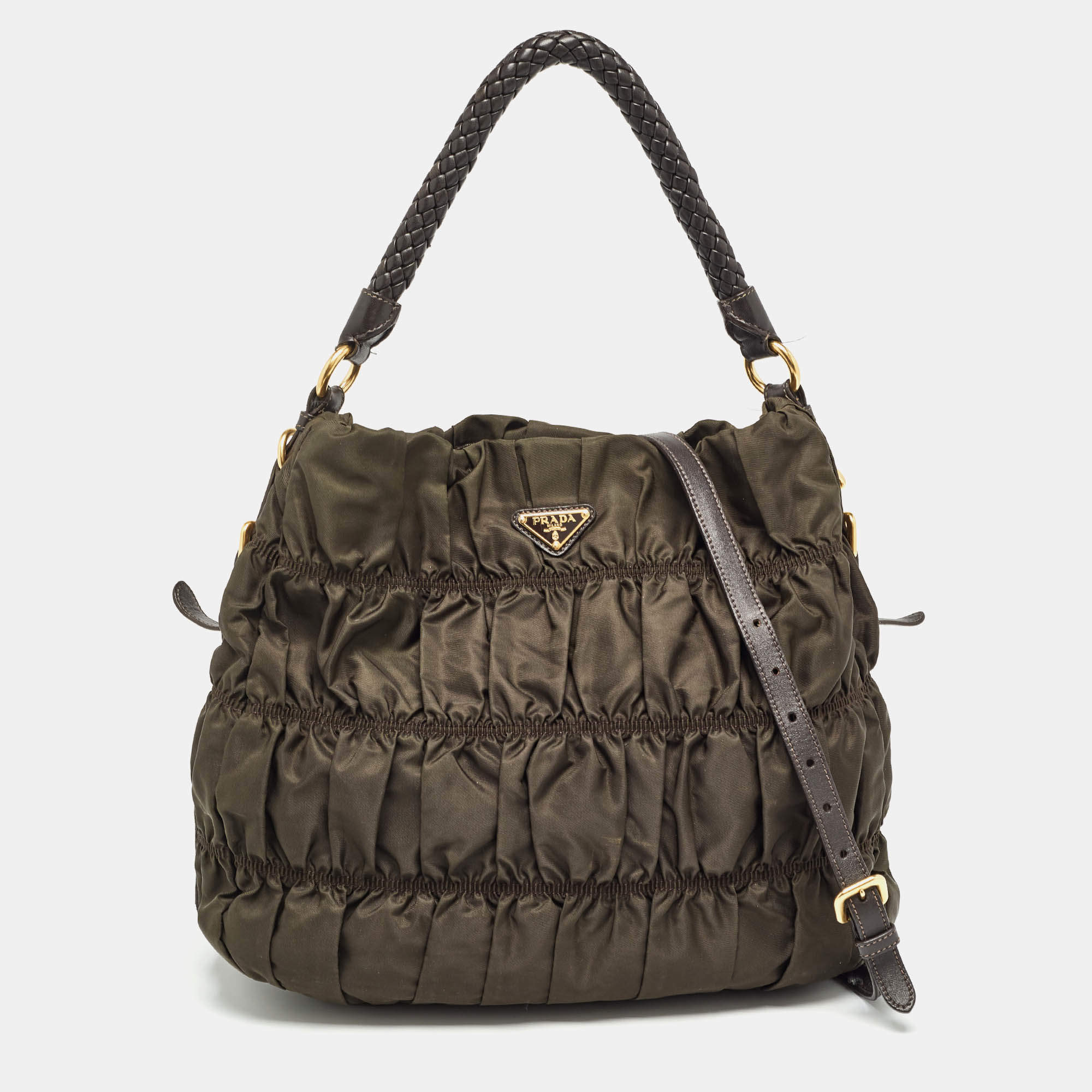 Pre Owned Prada Brown Nylon and Leather Gaufre Hobo