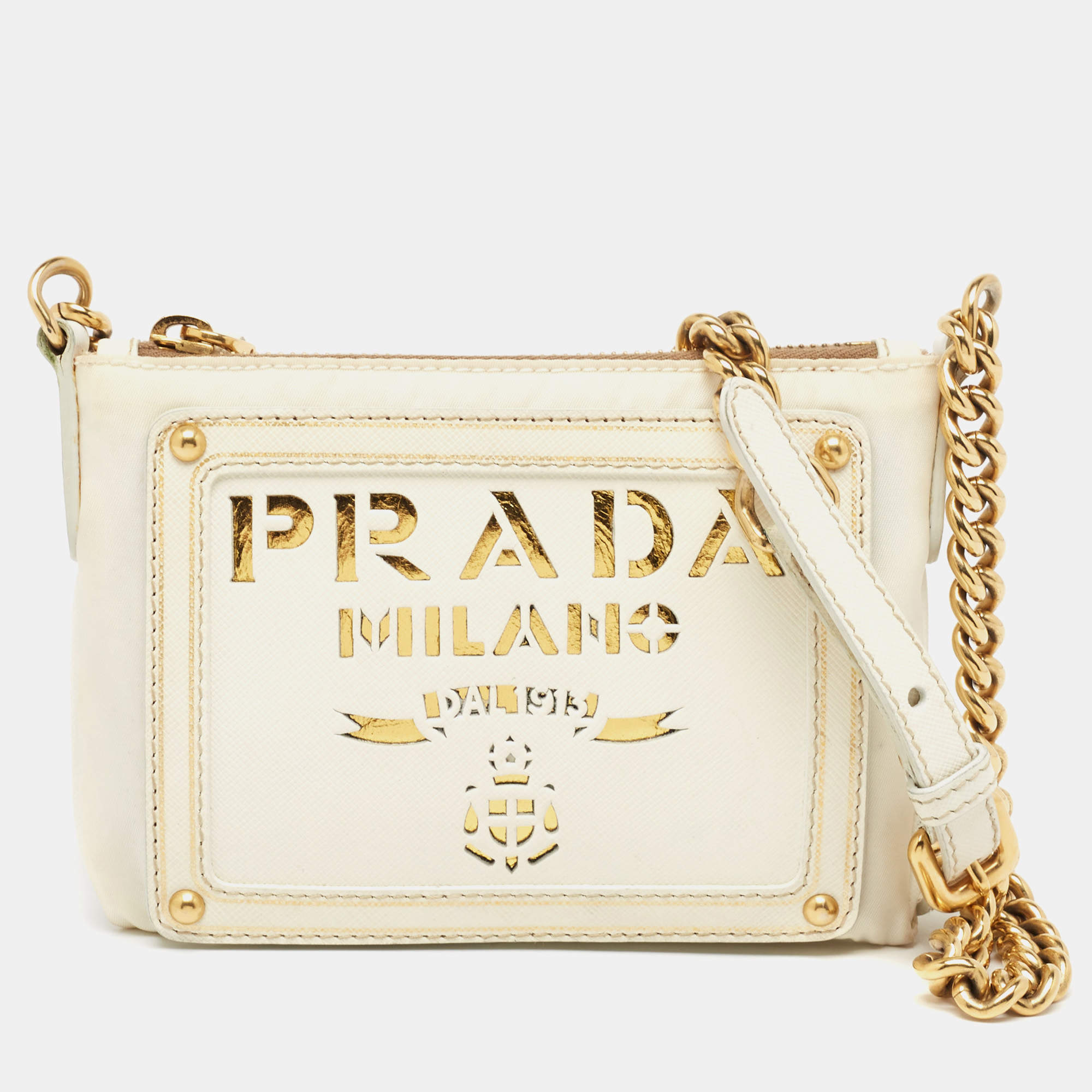 Pre Owned Prada Off White/Gold Nylon and Leather Oro Chain Crossbody Bag