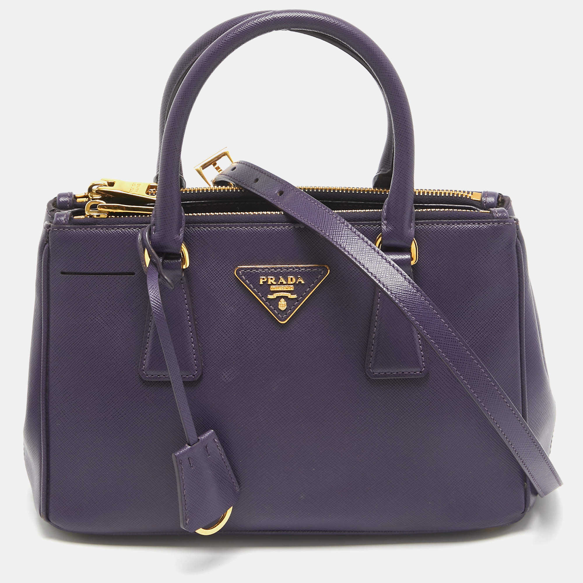 Pre Owned Prada Violet Saffiano Leather Mini Galleria Double Zip Tote