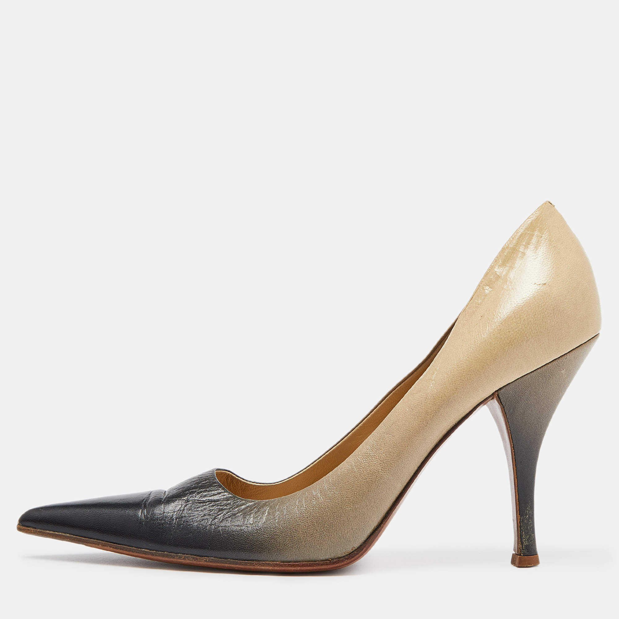 Prada Beige/Grey Leather Pointed Toe Pumps Size 38.5