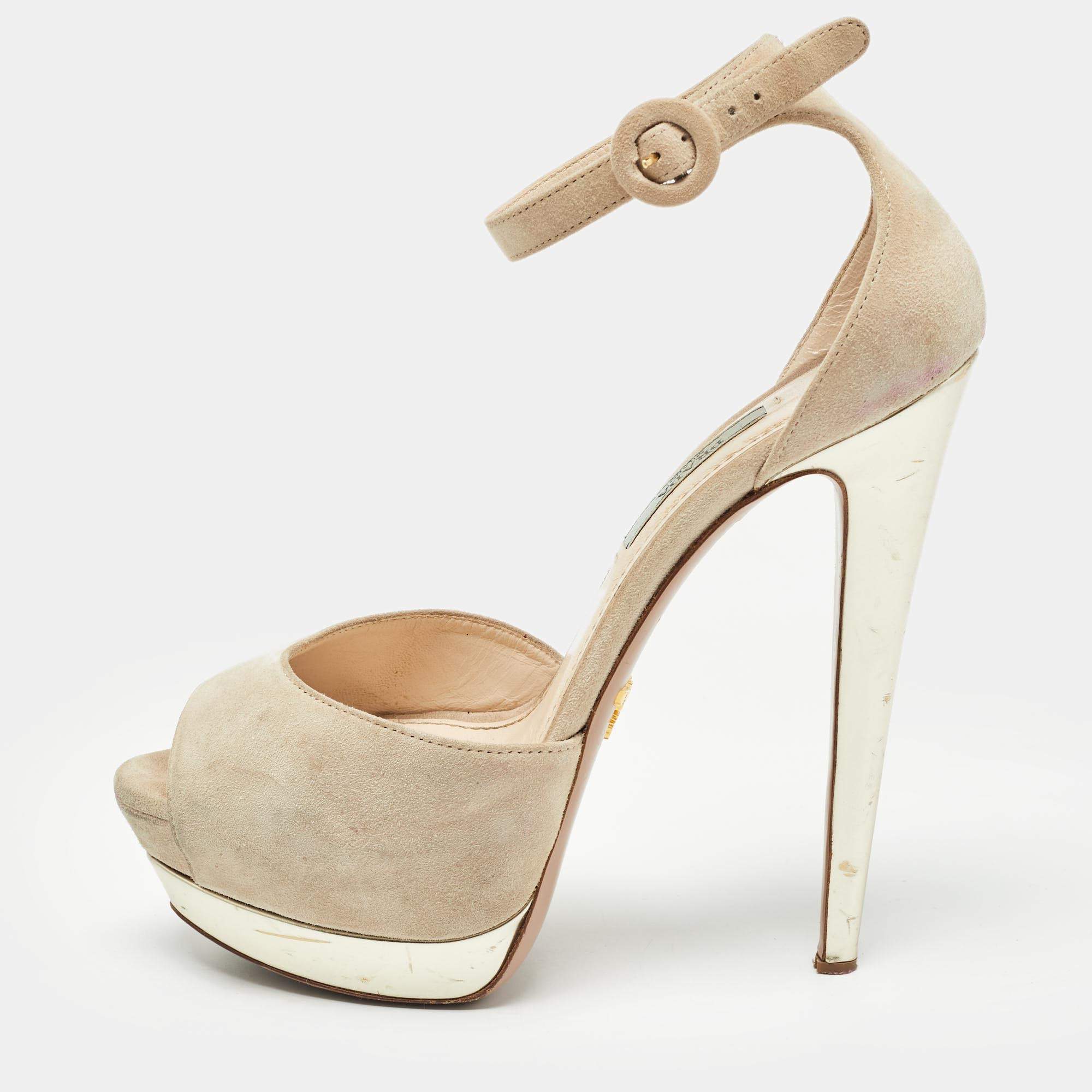 Prada Beige Suede Platform Ankle Strap Sandals Size 38