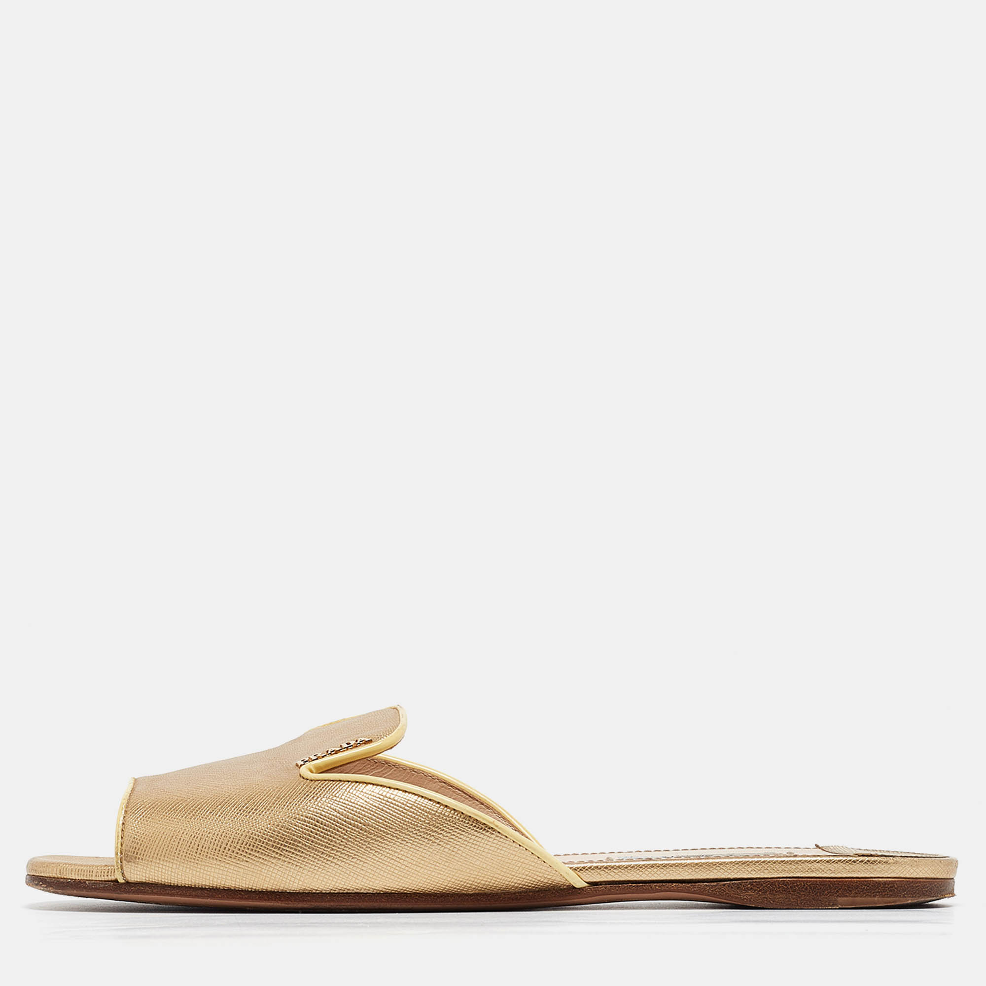 Prada Gold Patent Saffiano Leather Flat Slides  Size 39