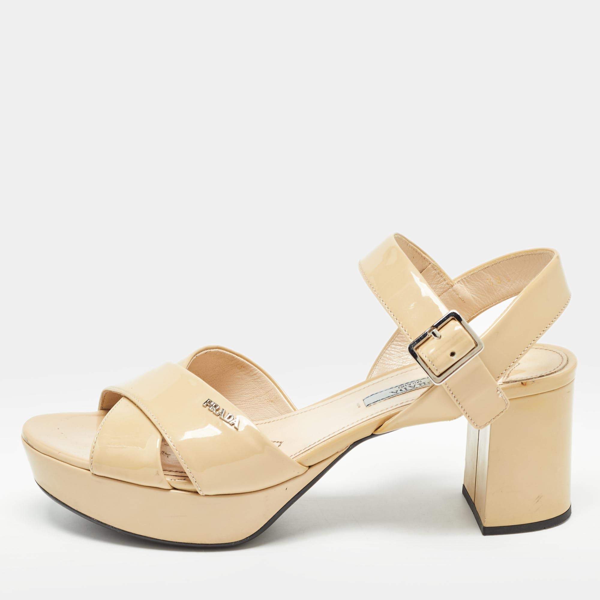 Prada Beige Patent Leather Platform Ankle Strap Sandals Size 38.5