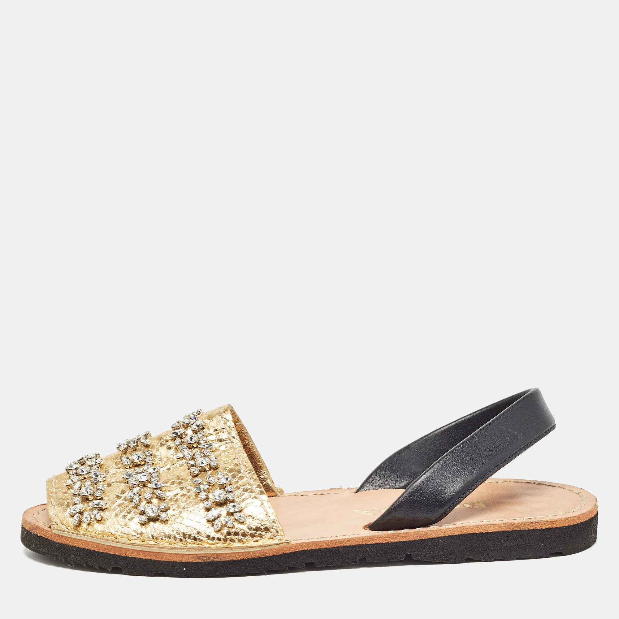 Pre Owned Prada Black/Gold Snakeskin Embossed Crystal Embellished Slingback Flats Size 39.5