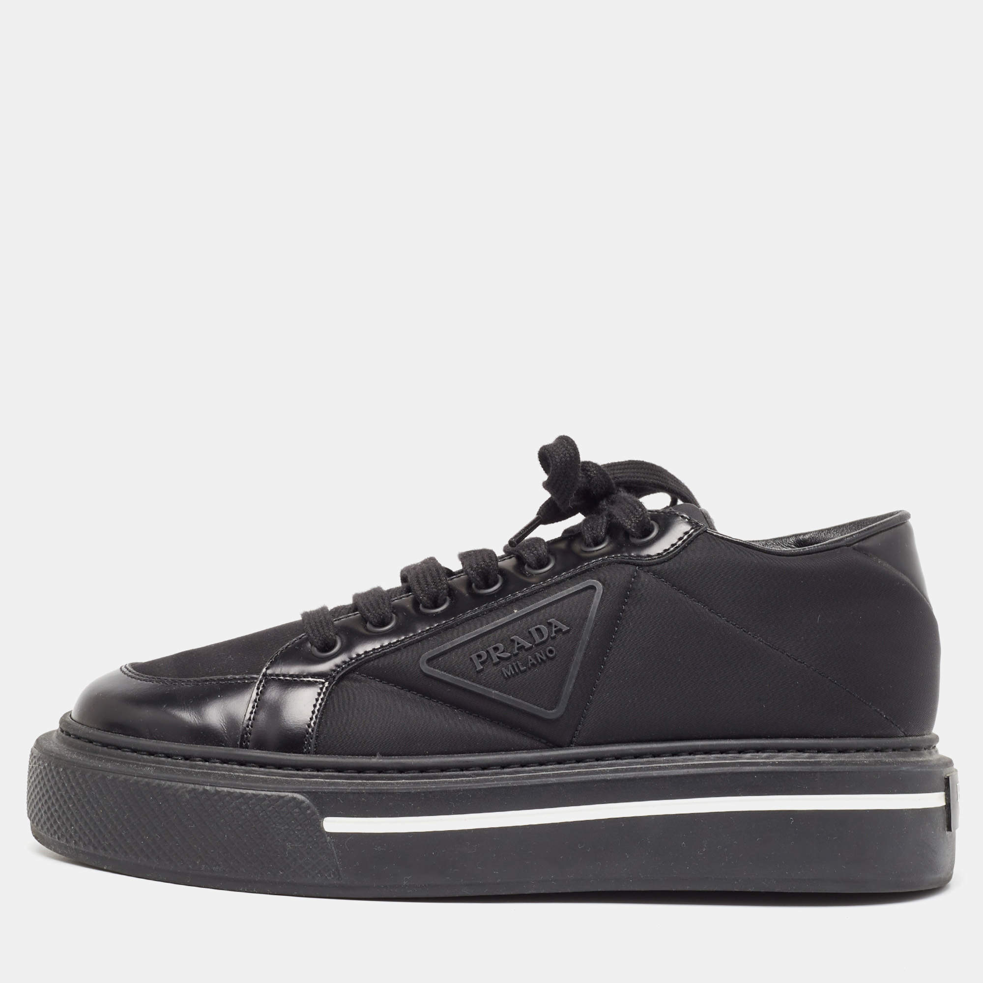 Pre Owned Prada Black Brushed Leather Re Nylon Lace Up Sneakers Size 40