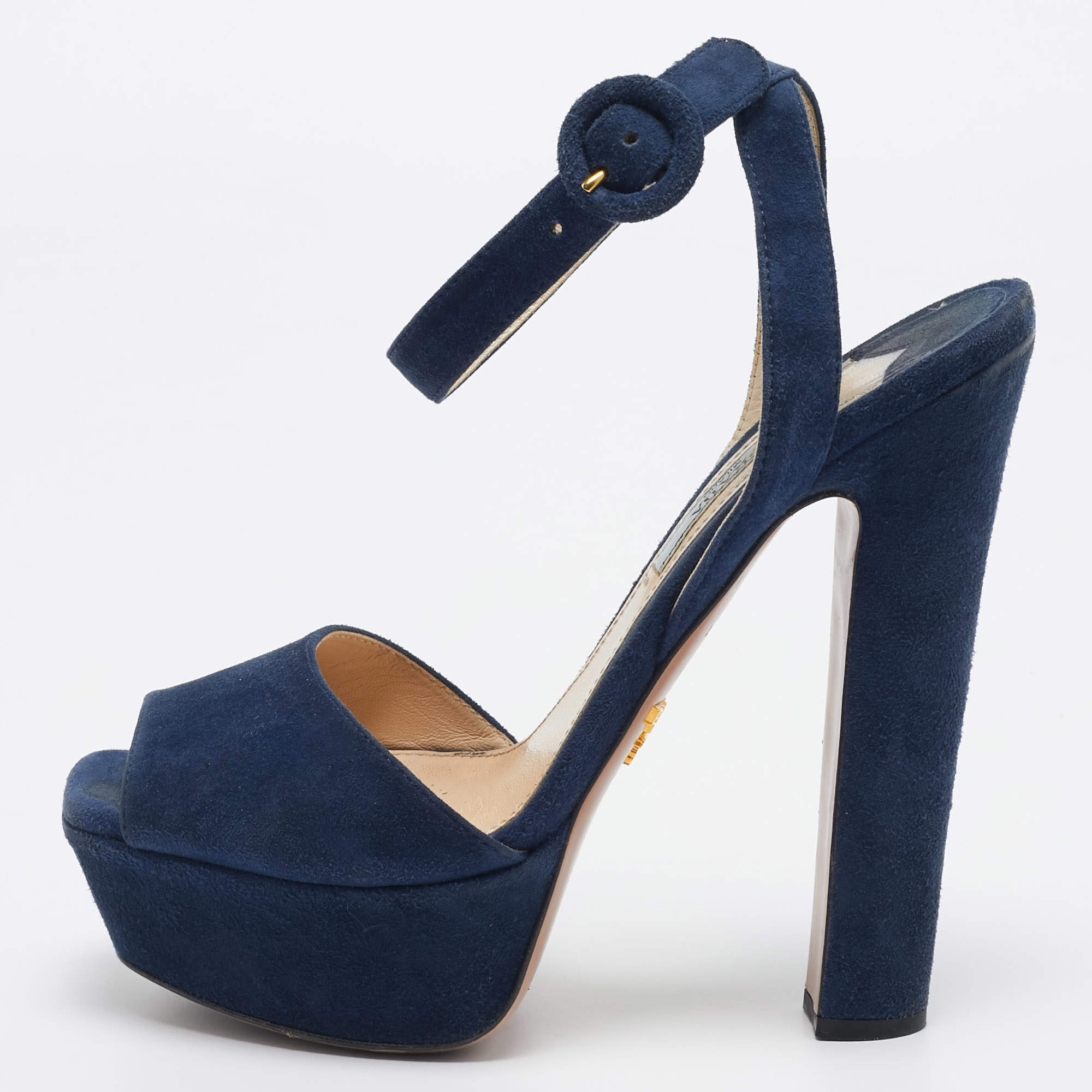 Prada Navy Blue Suede Platform Ankle Strap Sandals Size 37