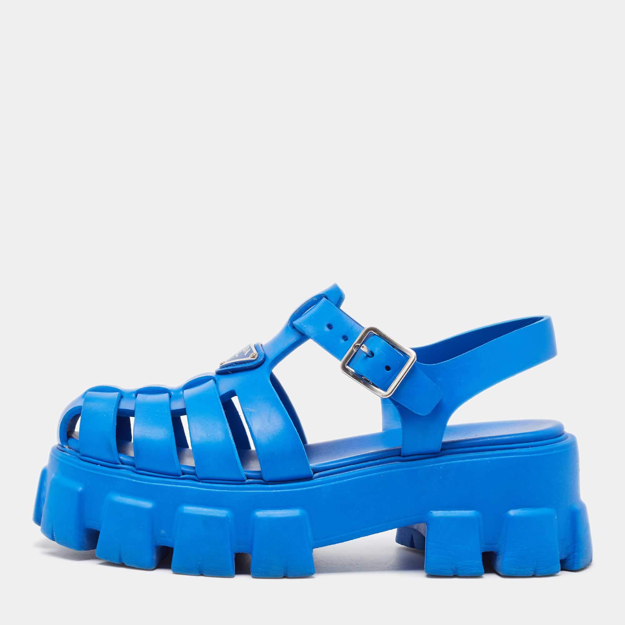 مملوكة مسبقًا Prada Blue Rubber Platform Ankle Strap Sandals Size 38