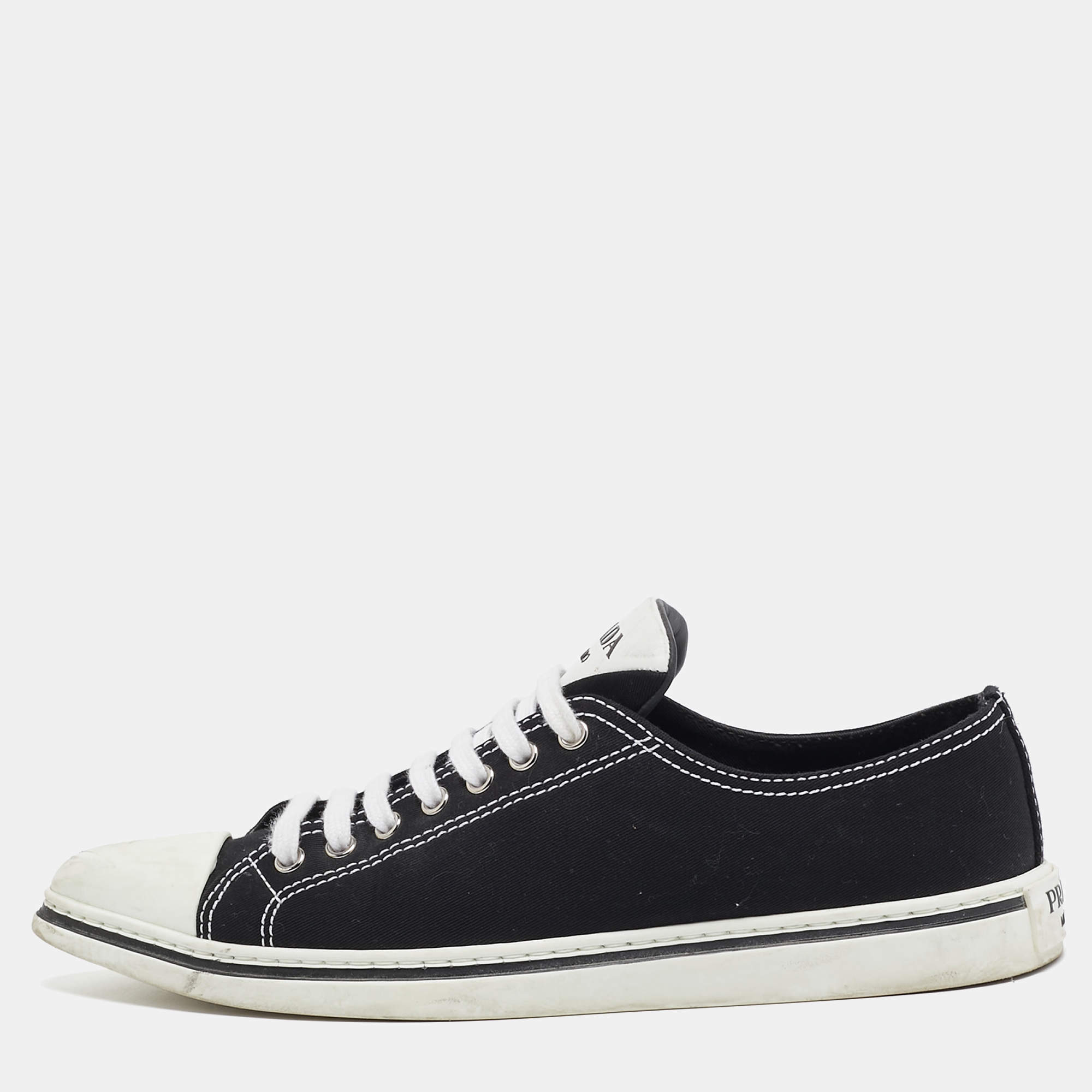 Prada Black/White Canvas Point Toe Low Top Sneakers Size 36.5