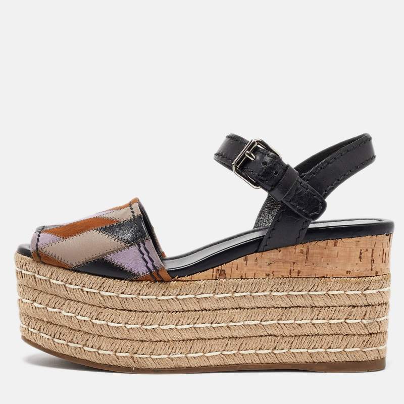 Prada Multicolor Leather and Suede Espadrille Platform Ankle Sandals Size 39