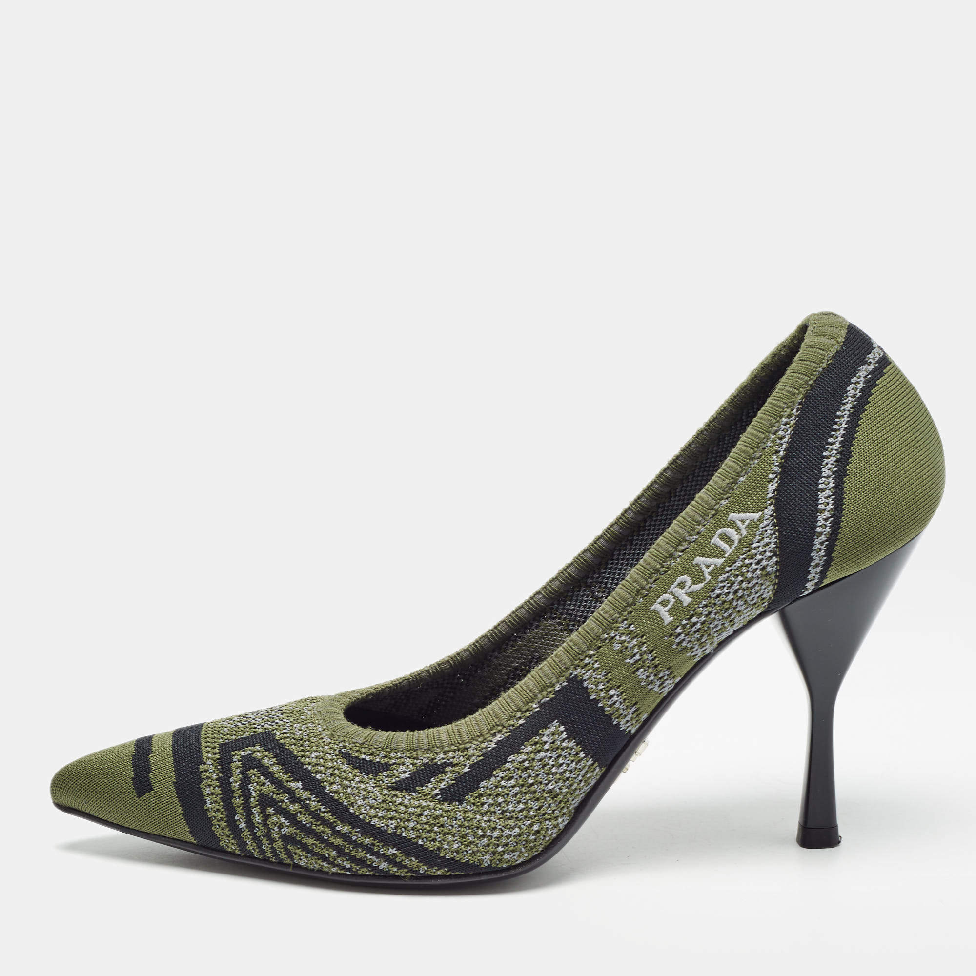 Prada Green Printed Knit Fabric Pointed Toe Pumps Size 36.5