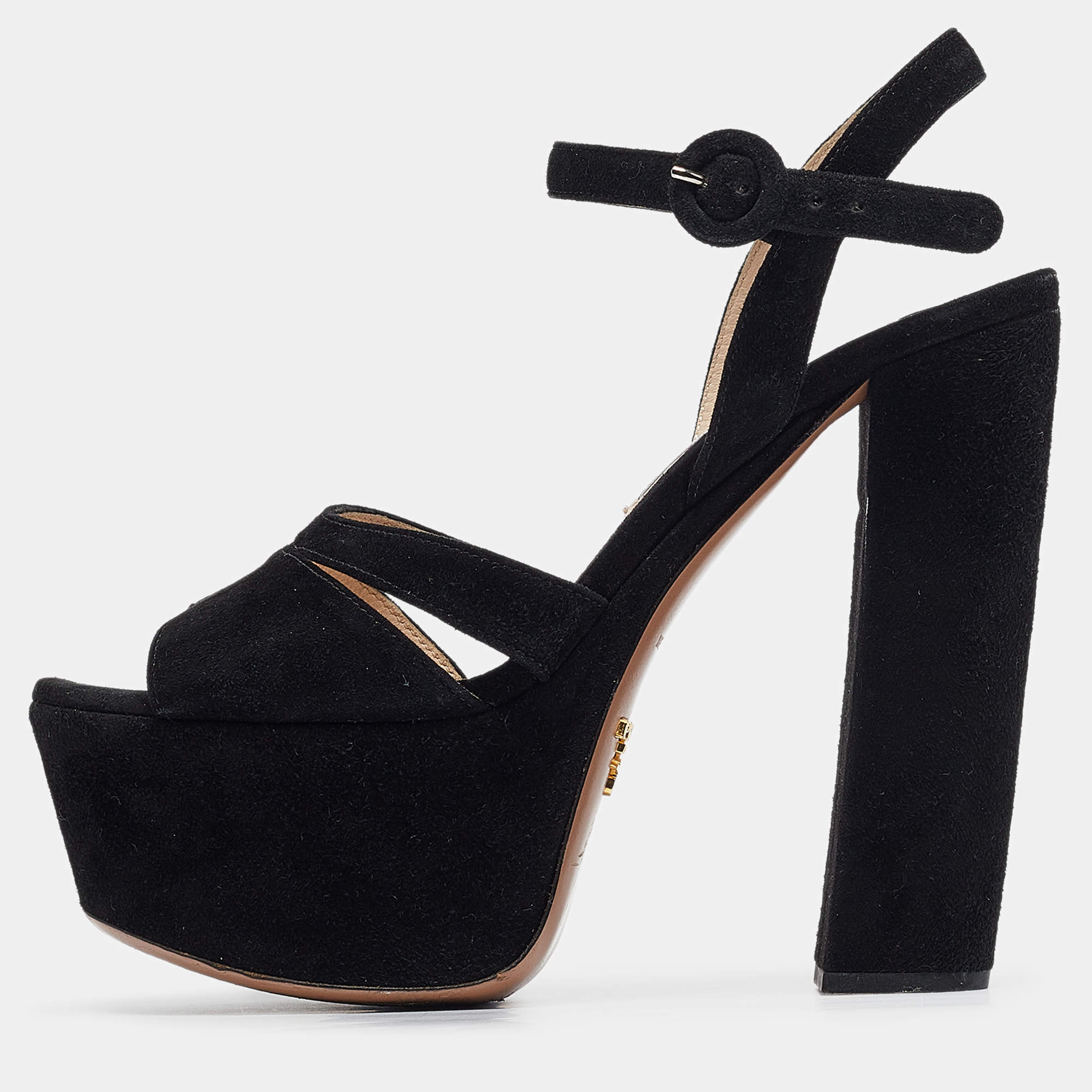 Prada Black Suede Platform Ankle Strap Sandals Size 36