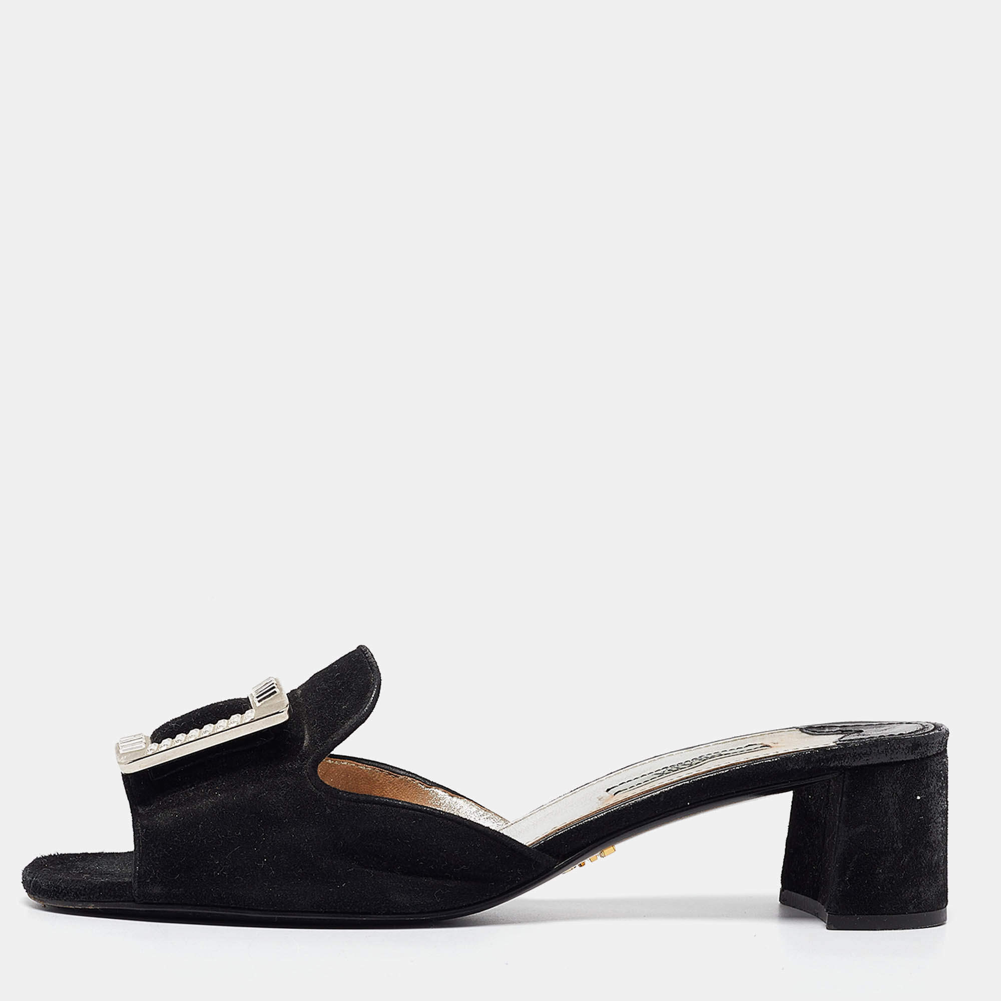 Prada Black Suede Crystal Embellished Slide Sandals Size 38.5