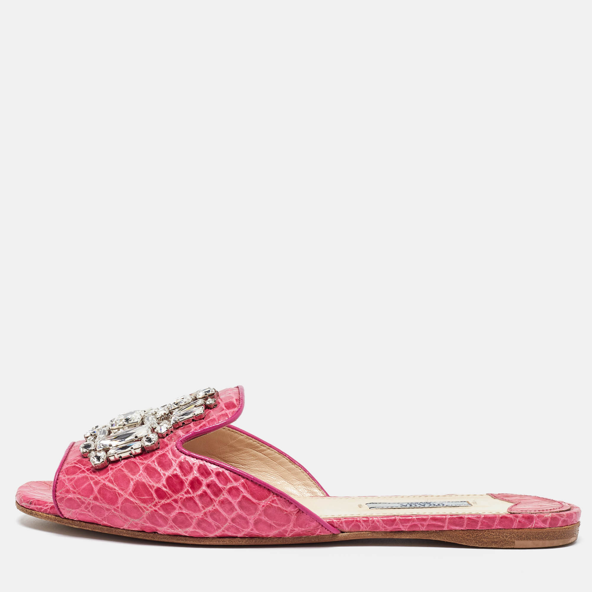 Prada Pink Crocodile Crystal Embellished Flat Slides Size 37.5