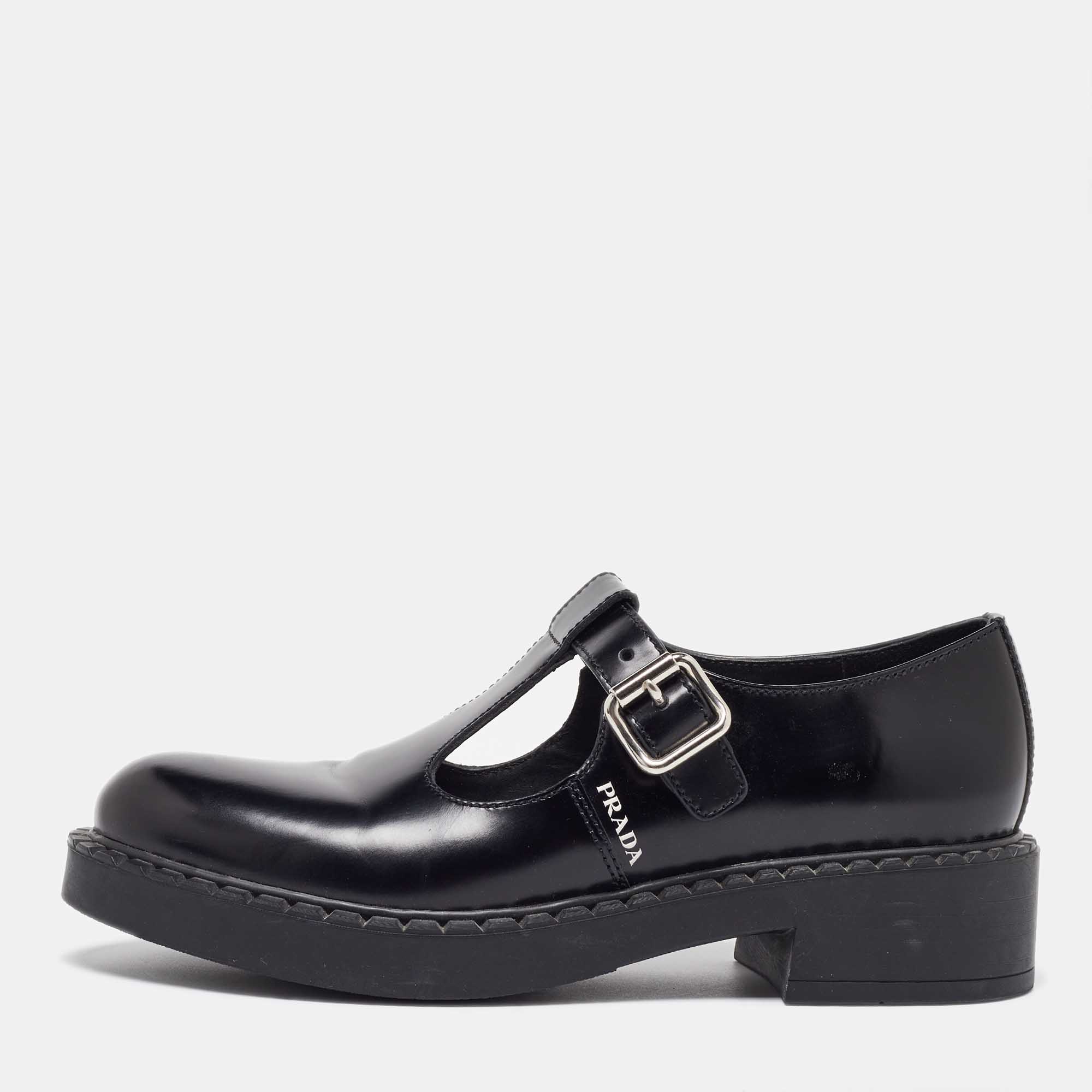 Prada Black Leather Mary Jane Loafers Size 38.5