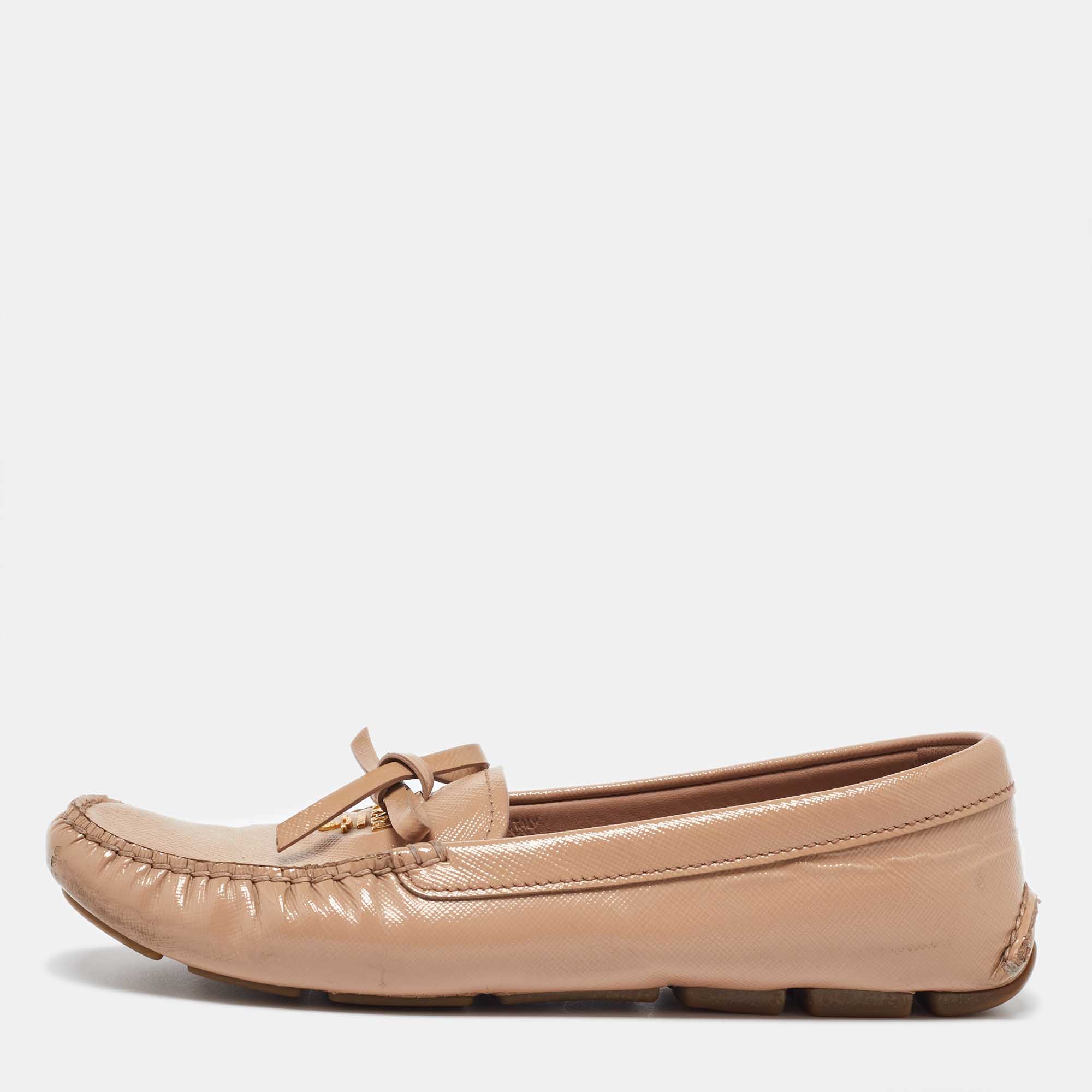 Prada Beige Patent Leather Bow Loafers Size 37.5