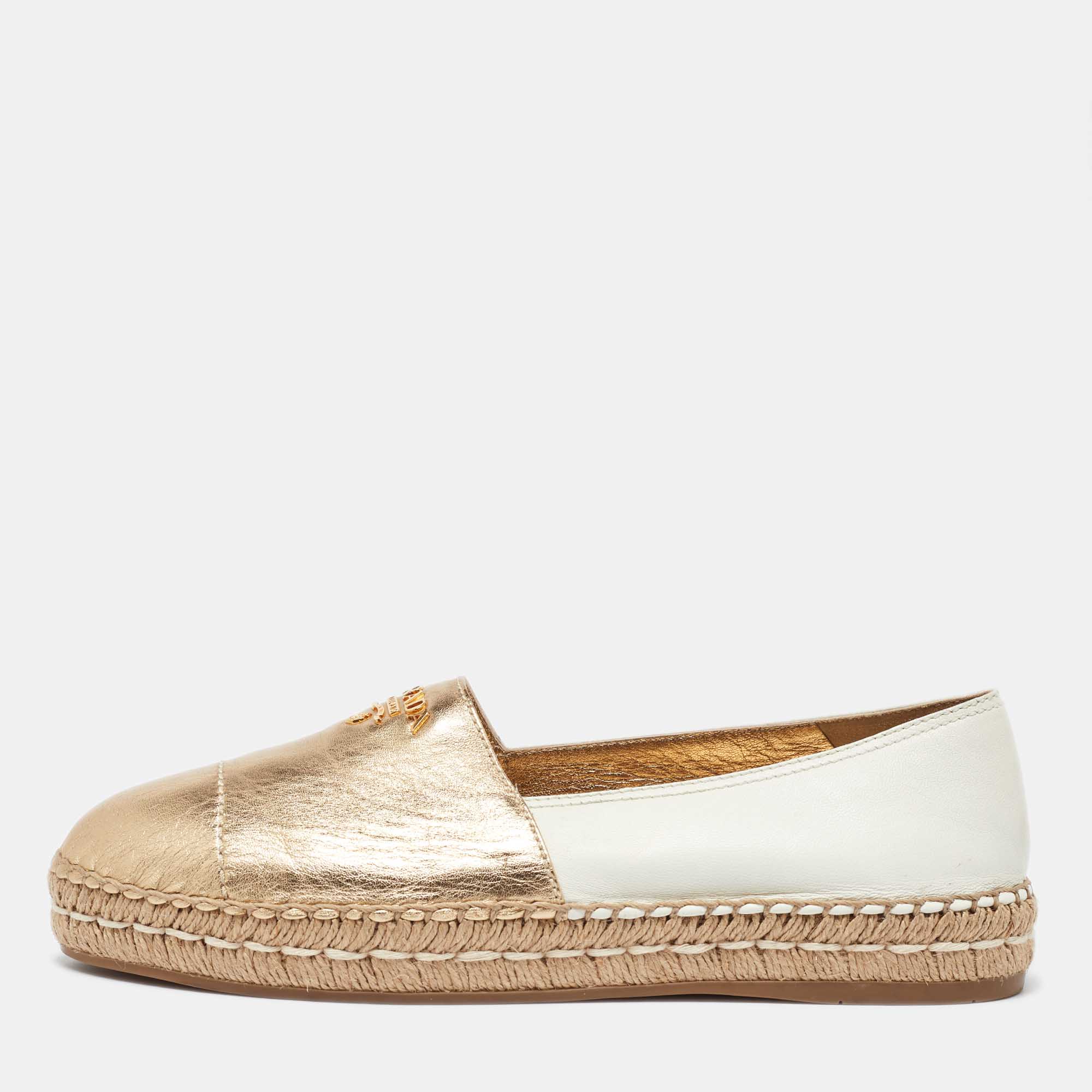 مملوكة مسبقًا Prada Gold/White Leather Espadrille Flats Size 39.5