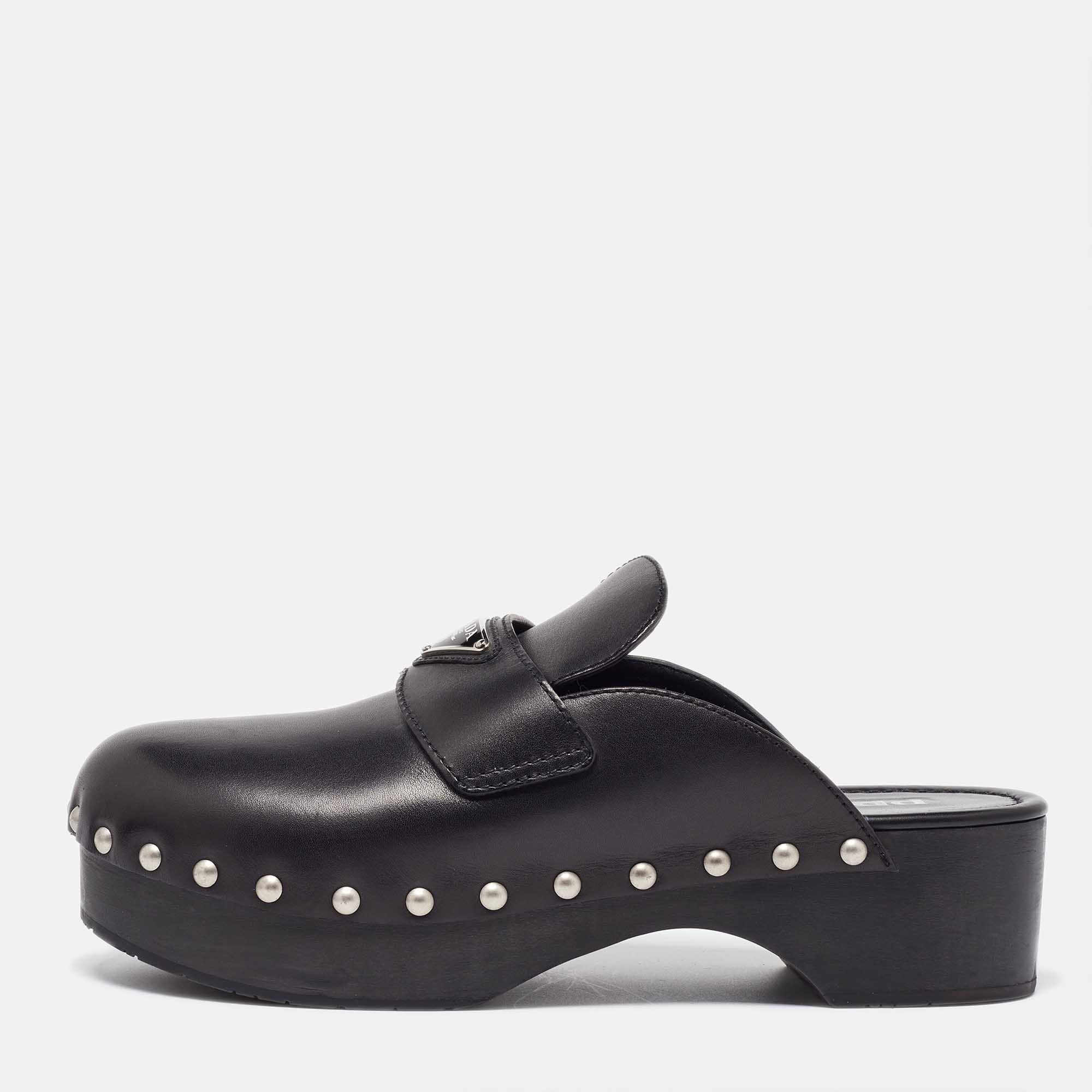 Pre Owned Prada Black Leather Studded Platform Mules Size 42