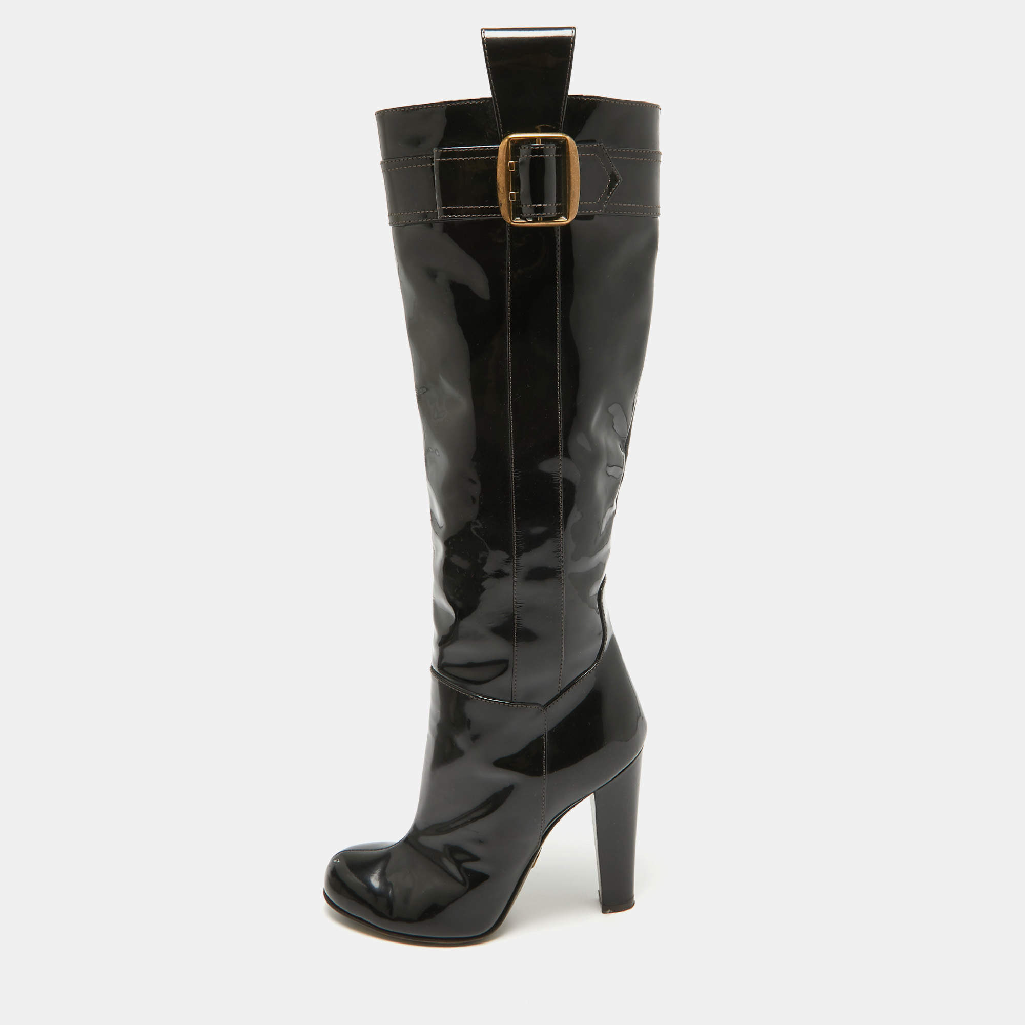 D&G Black Patent Leather Buckle Detail Over The Knee Length Boots Size 38.5