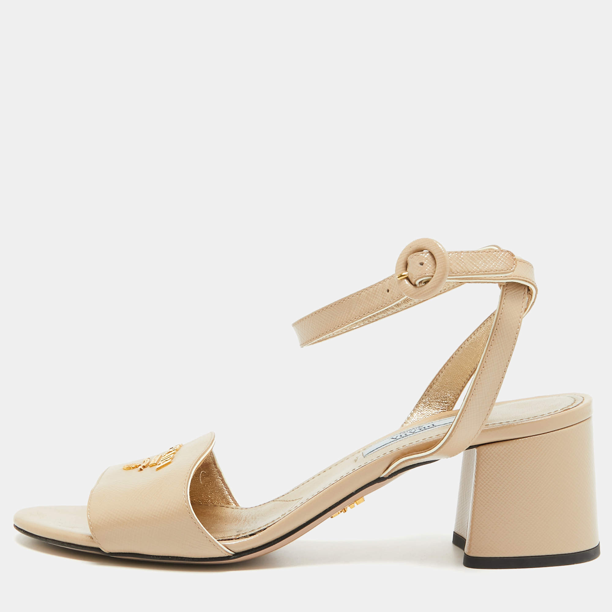Prada Beige Saffiano Patent Leather Ankle Strap Sandals Size 37