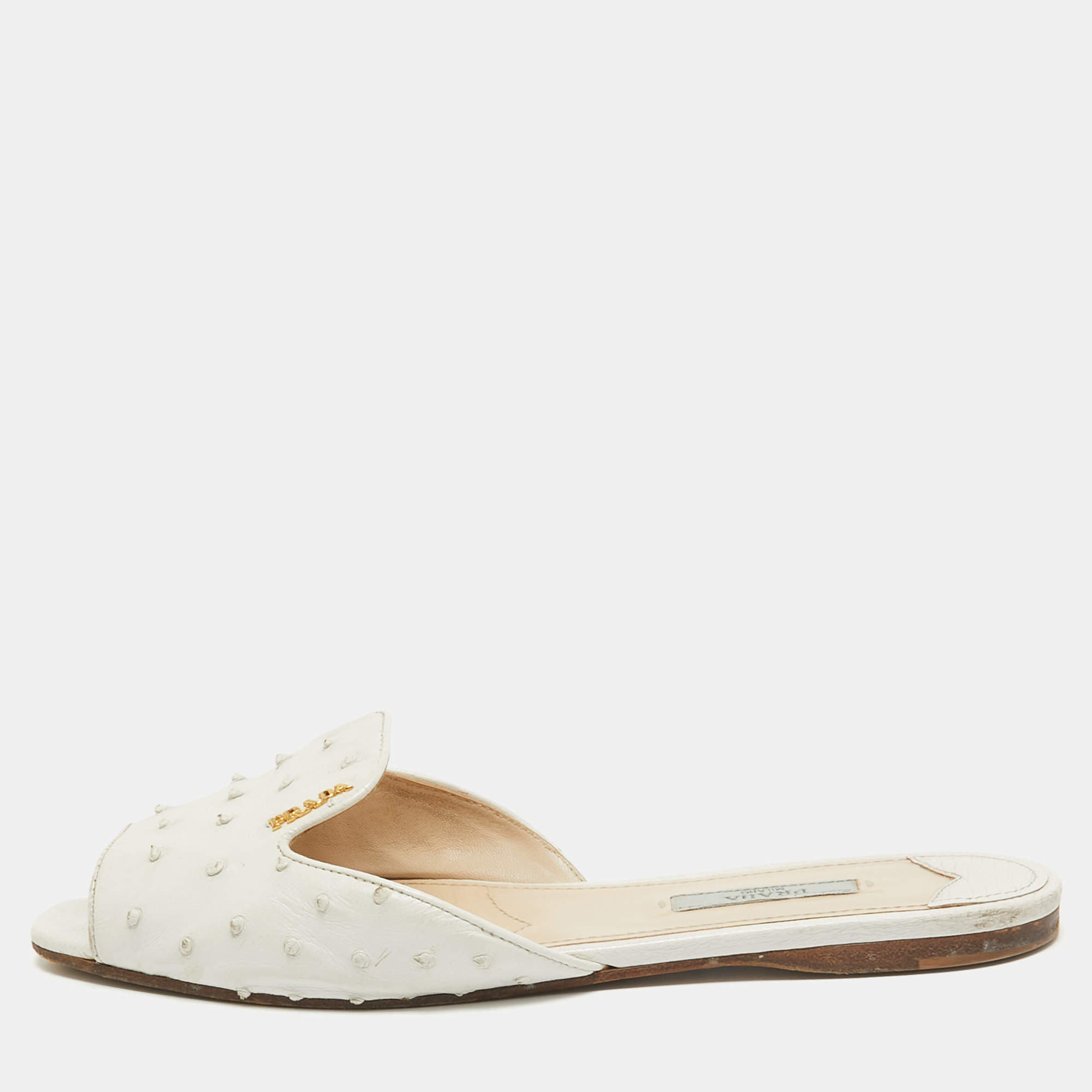 Prada White Ostrich Leather Flat Slides Size 38.5