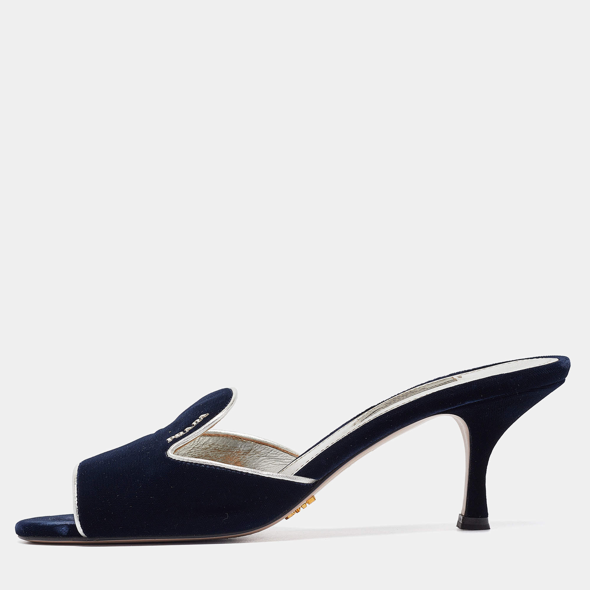 Prada Navy Blue Velvet and Leather Slide Sandals Size 39.5