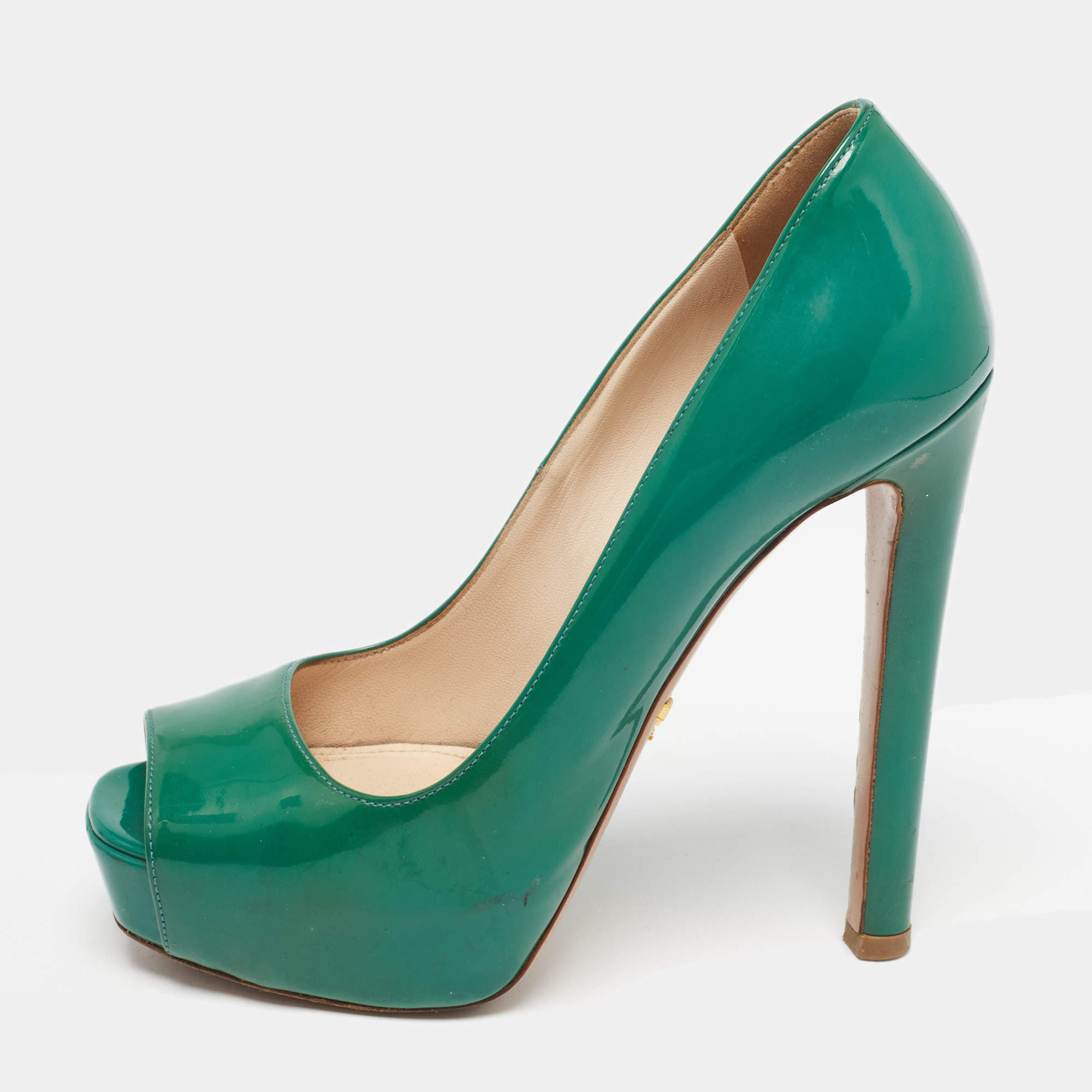 Pre Owned Prada Green Patent Leather Peep Toe Pumps Size 36
