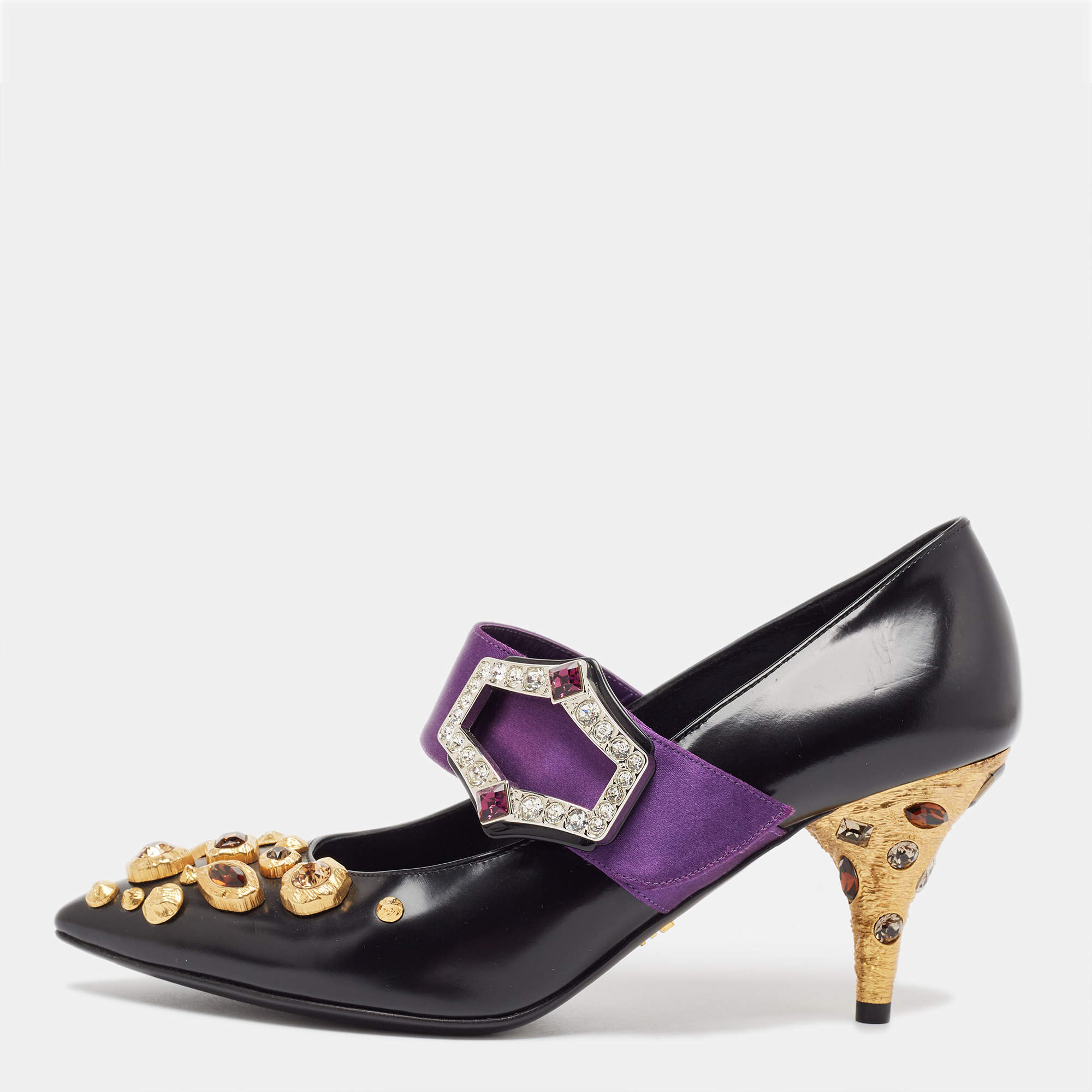 Pre Owned Prada Black/Purple Leather and Satin Crystal Embellished Mary Jane Pumps Size 38