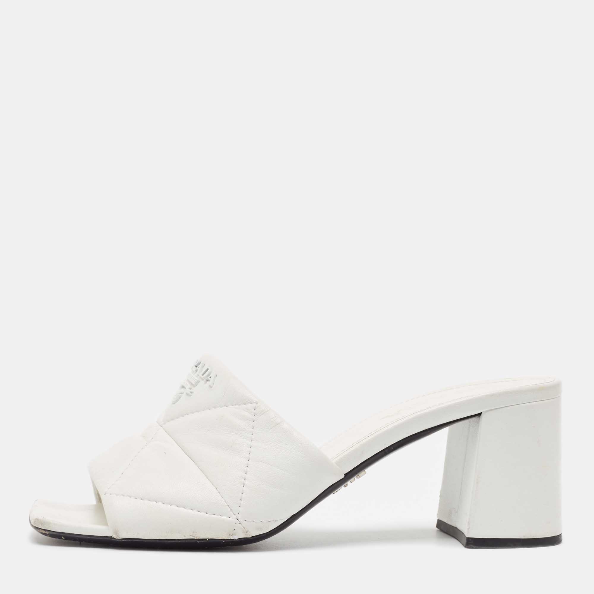 Prada White Quilted Leather Slide Sandals Size 38