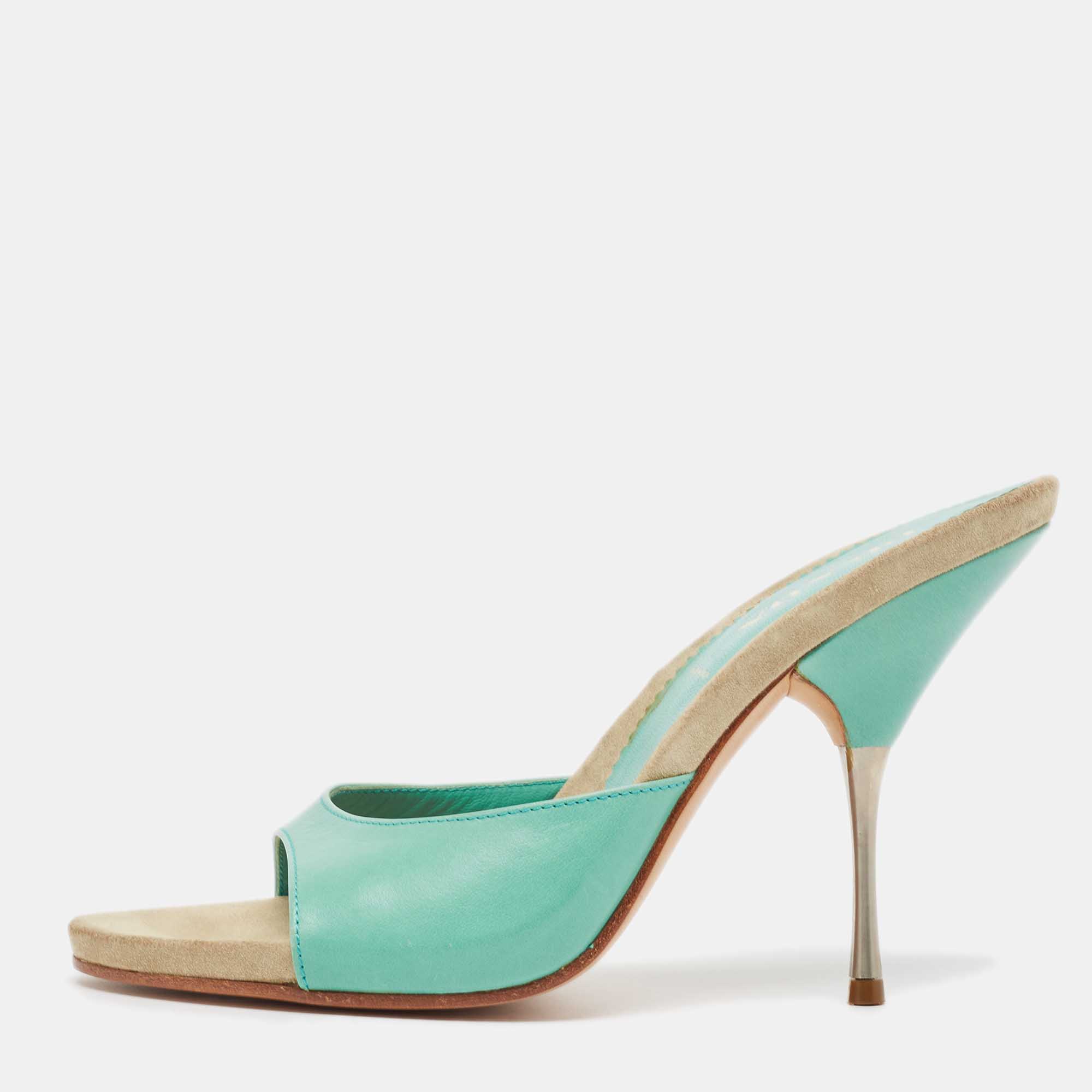 Prada Turquoise Leather and Suede Slide Sandals Size 37