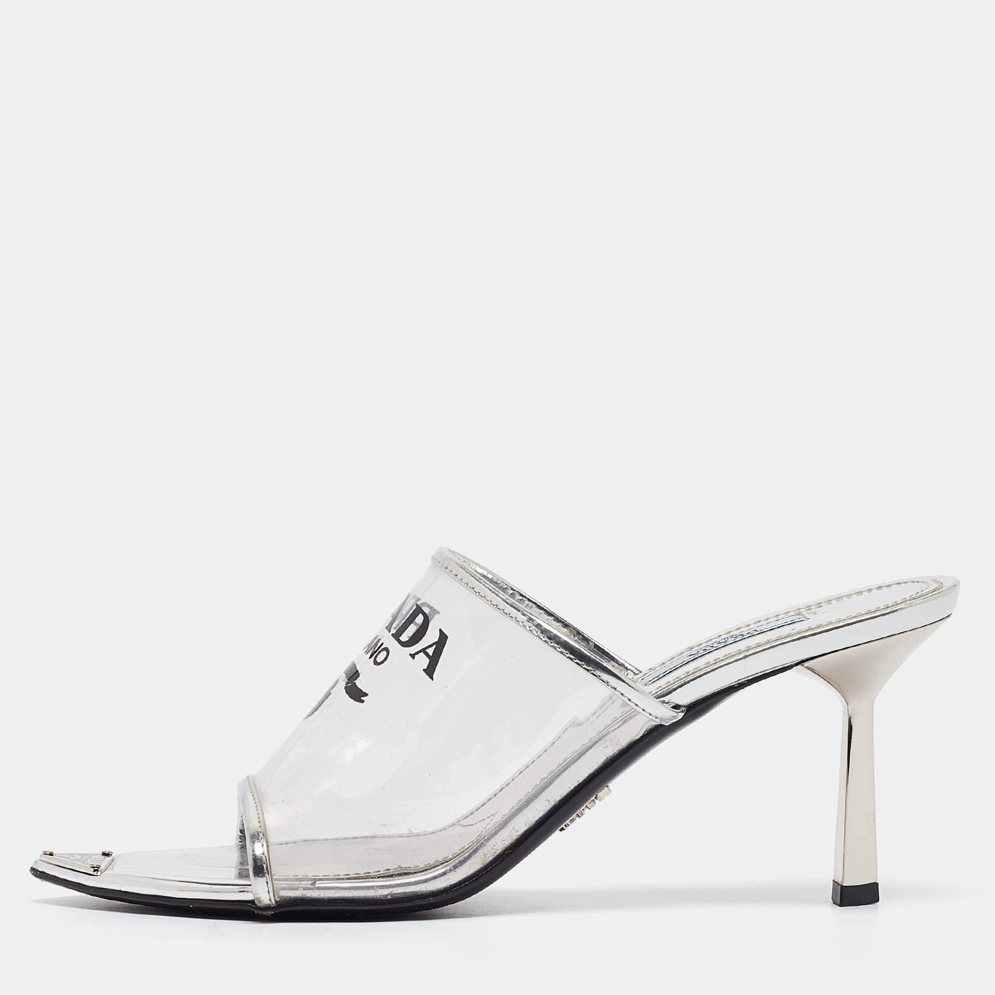 Prada Transparent PVC Logo Print Slide Sandals Size 38