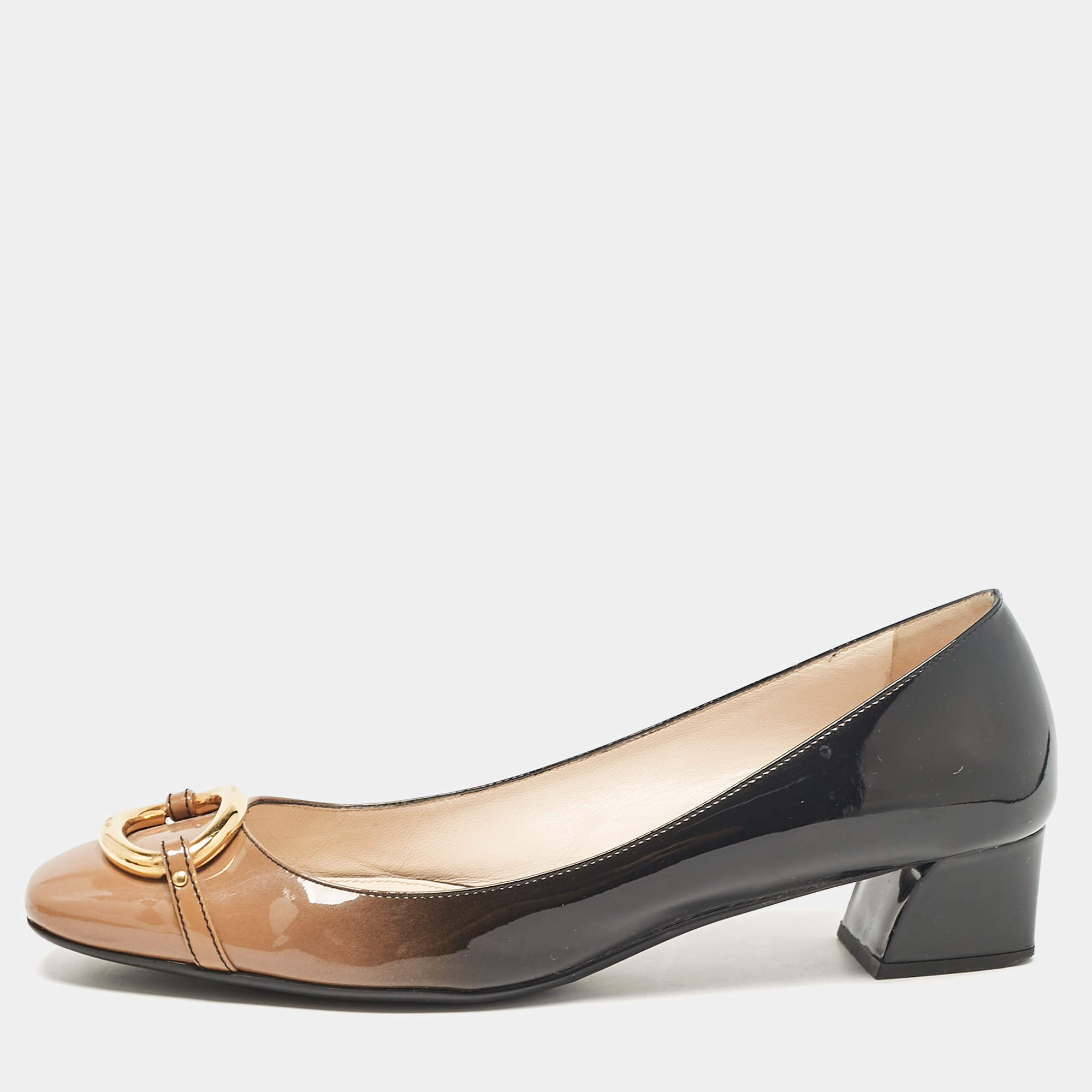 Pre Owned Prada Black/Beige Patent Leather Block Heel Pumps Size 40