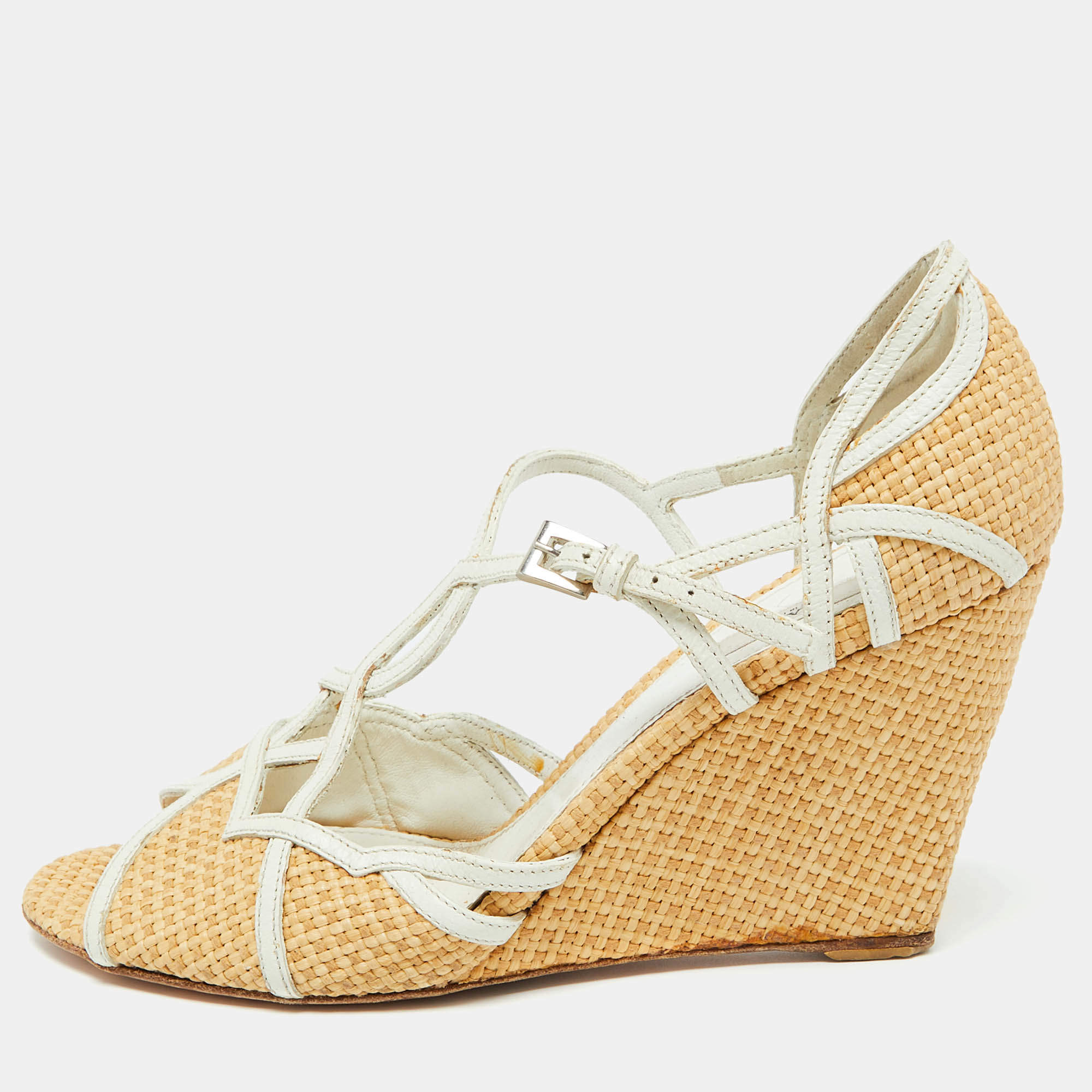 Prada Beige/White Raffia and Leather Wedge Sandals Size 38