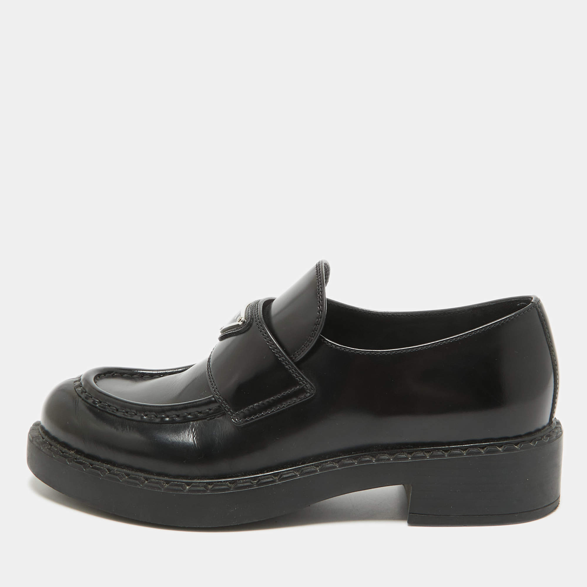 Pre Owned Prada Black Brushed Leather Slip On Loafers Size 39
