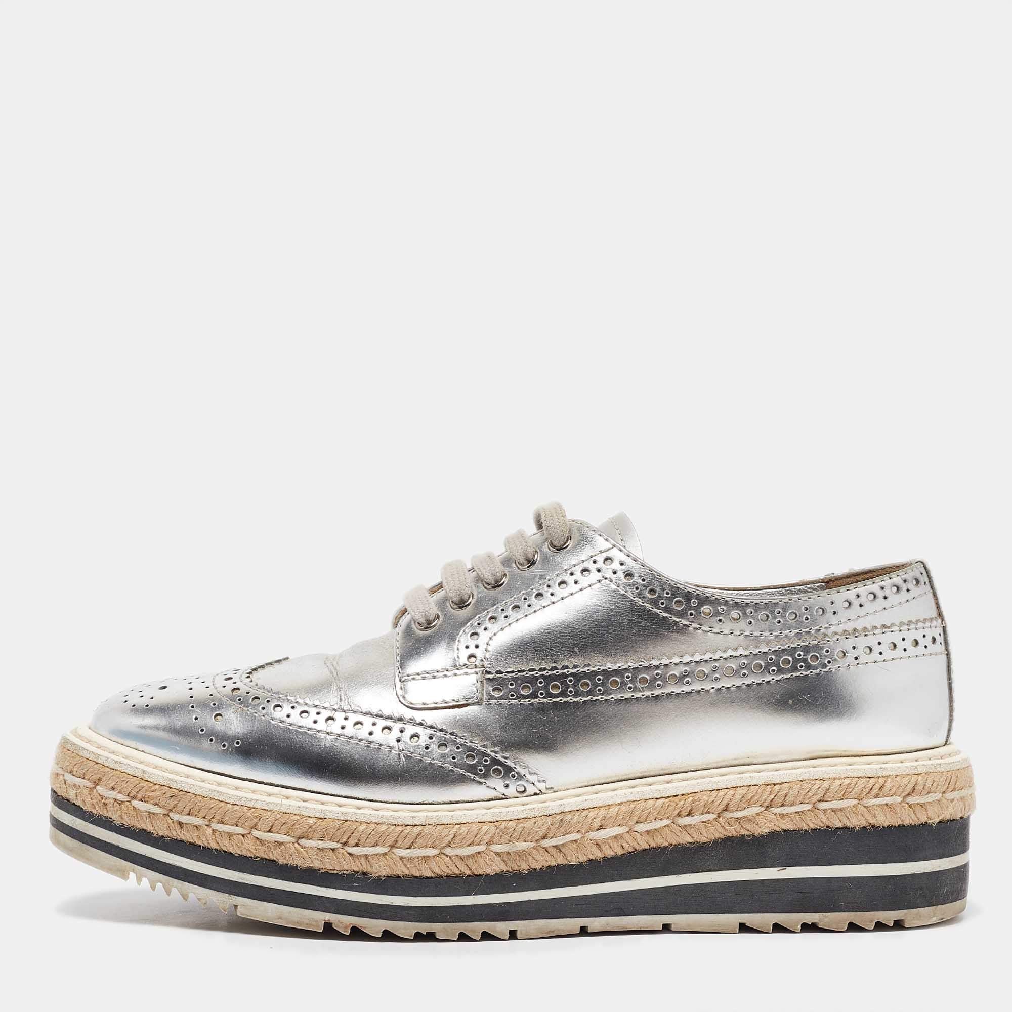 Prada Silver Leather Lce Up Derby Size 36.5