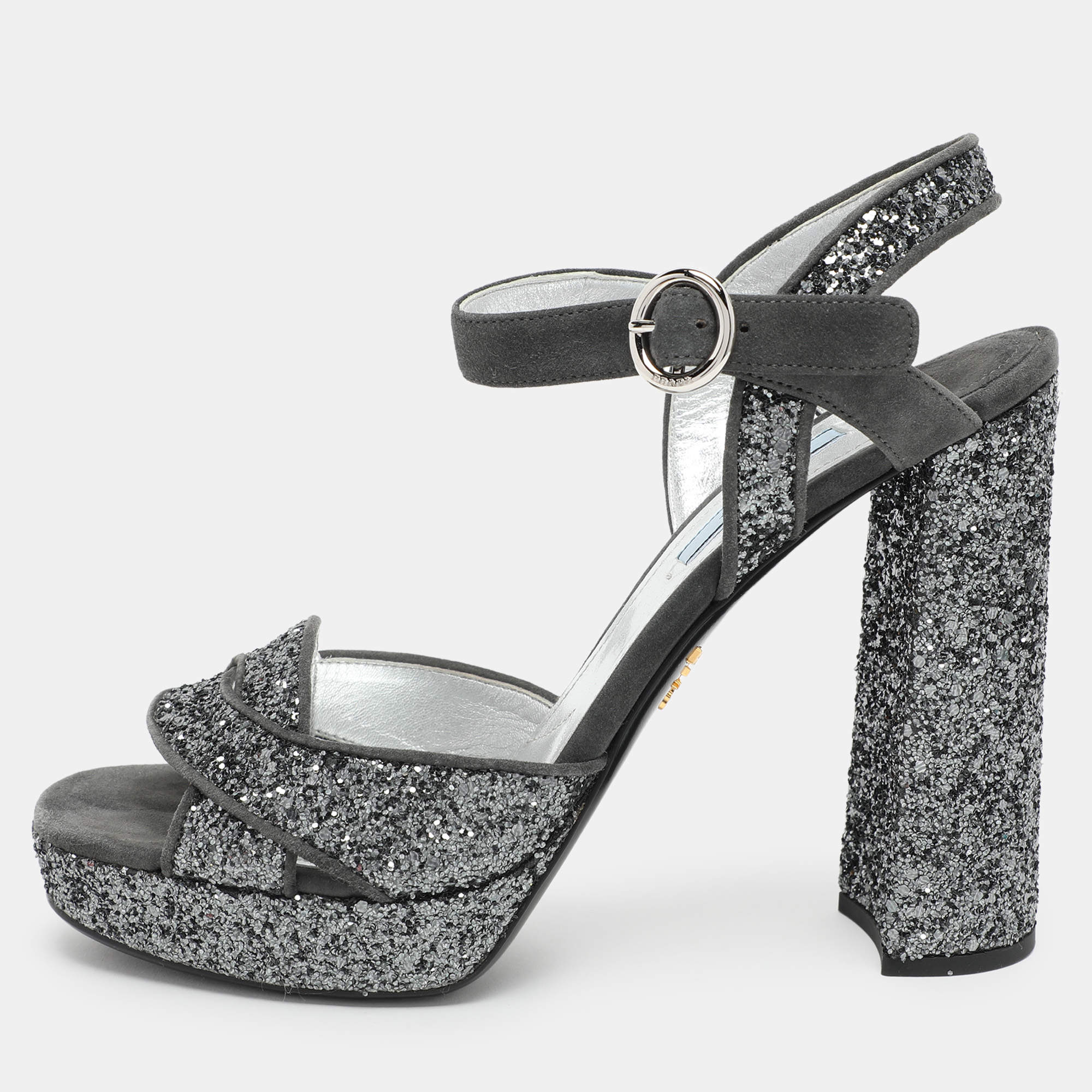 Prada Grey Glitter and Suede Ankle Strap Sandals Size 39