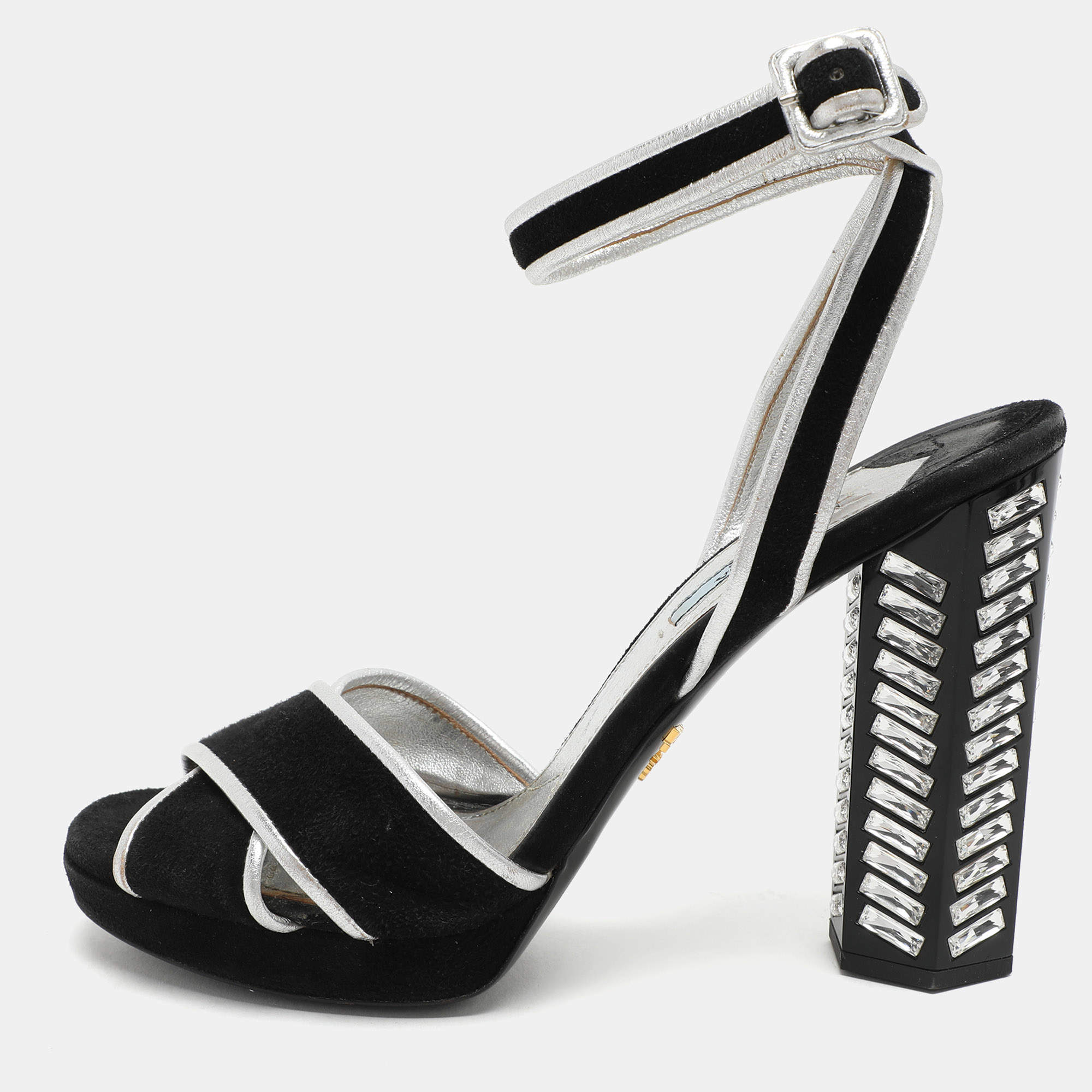 Prada Black/Silver Suede and Leather Ankle Strap Sandals Size 39.5