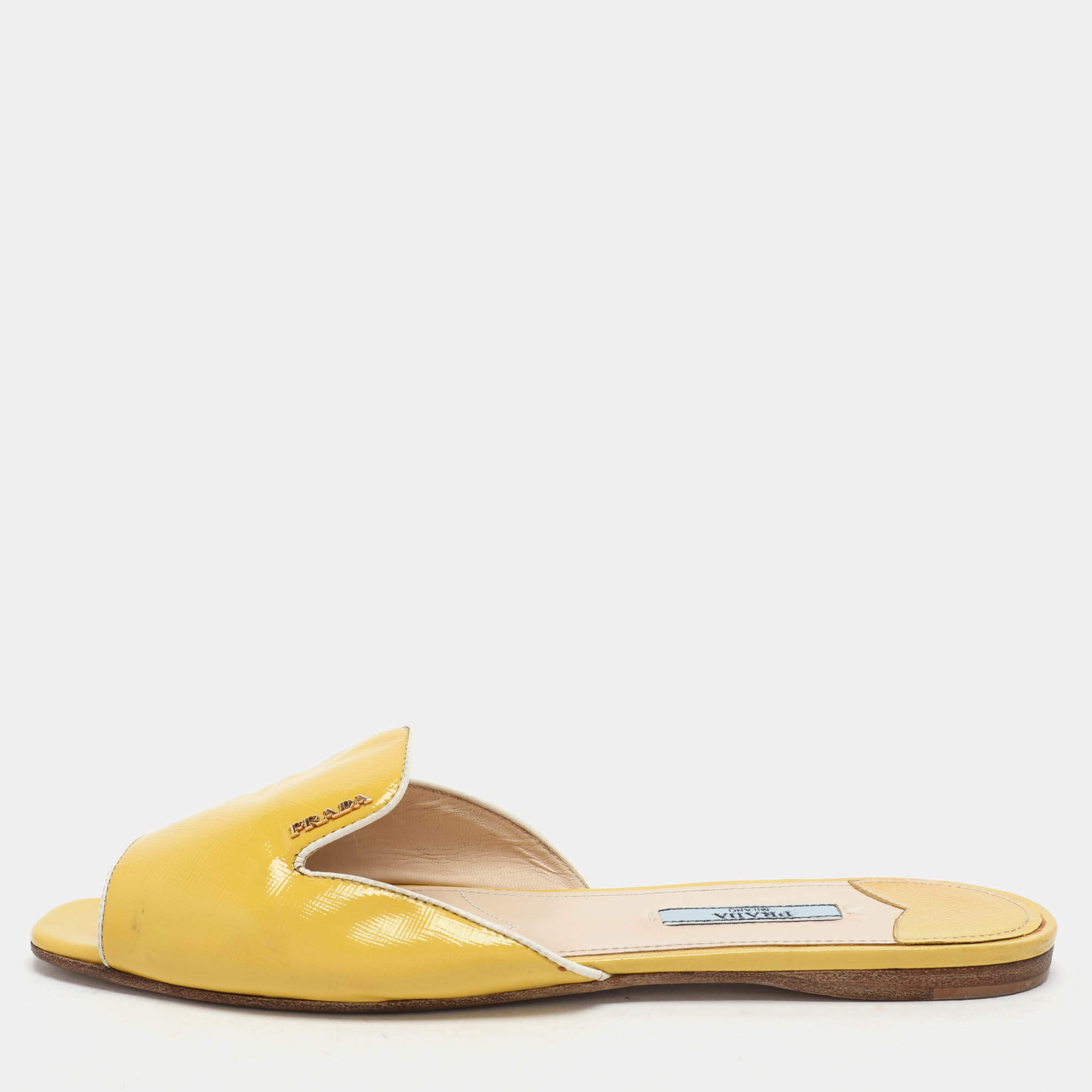 Prada Yellow Patent Saffiano Leather Flat Slides Size 40