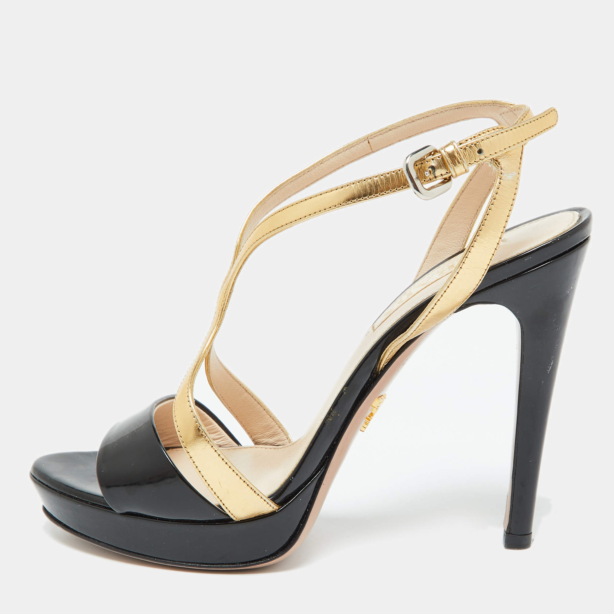 Pre Owned Prada Black/Gold Leather Strappy Platform Sandals Size 37