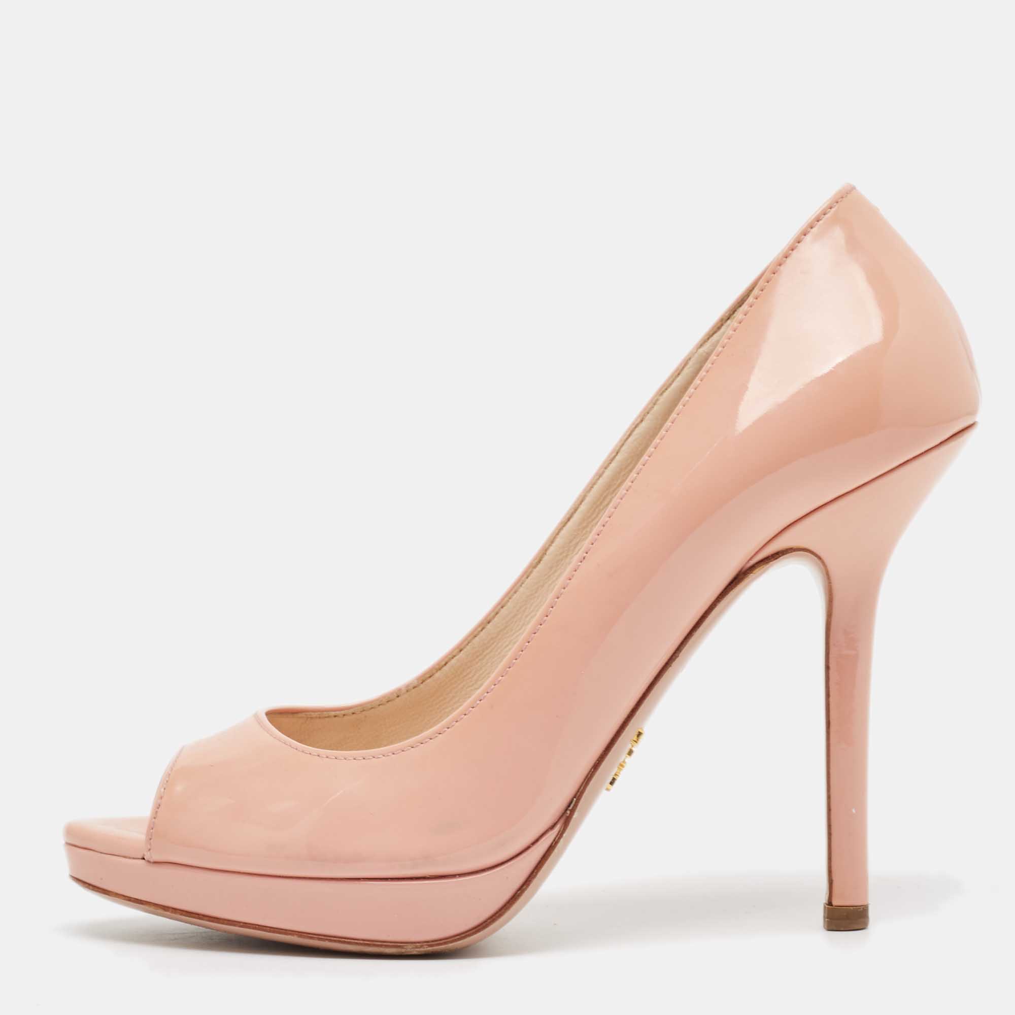 Prada Pink Patent Leather Peep Toe Platform Pumps Size 37.5