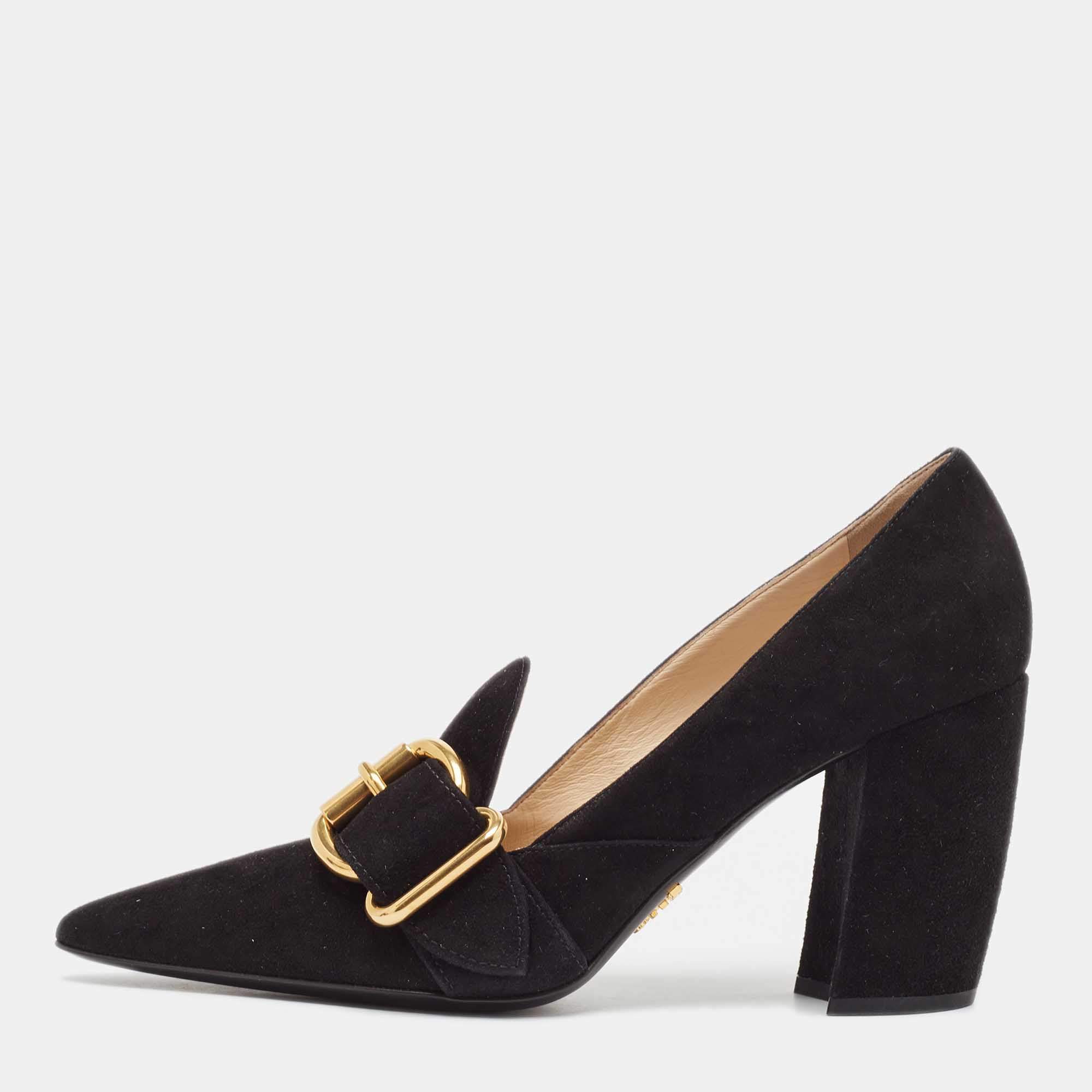 Prada Black Suede Buckle Detail Block Heel Pumps Size 38