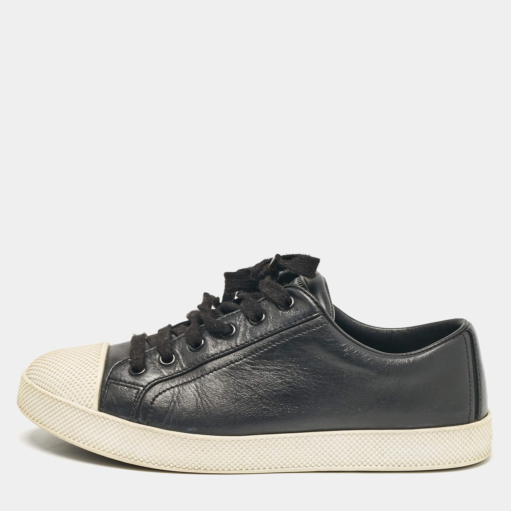 Pre Owned Prada Black Leather Lace Up Sneakers Size 36.5