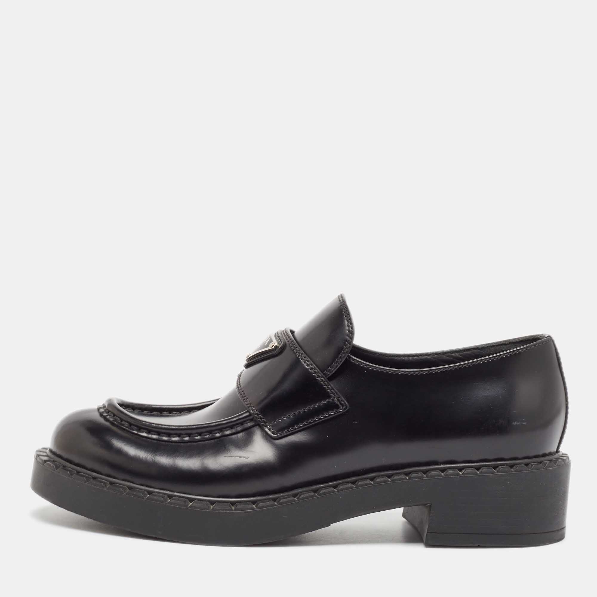 Pre Owned Prada Black Leather Slip On Loafers Size 39