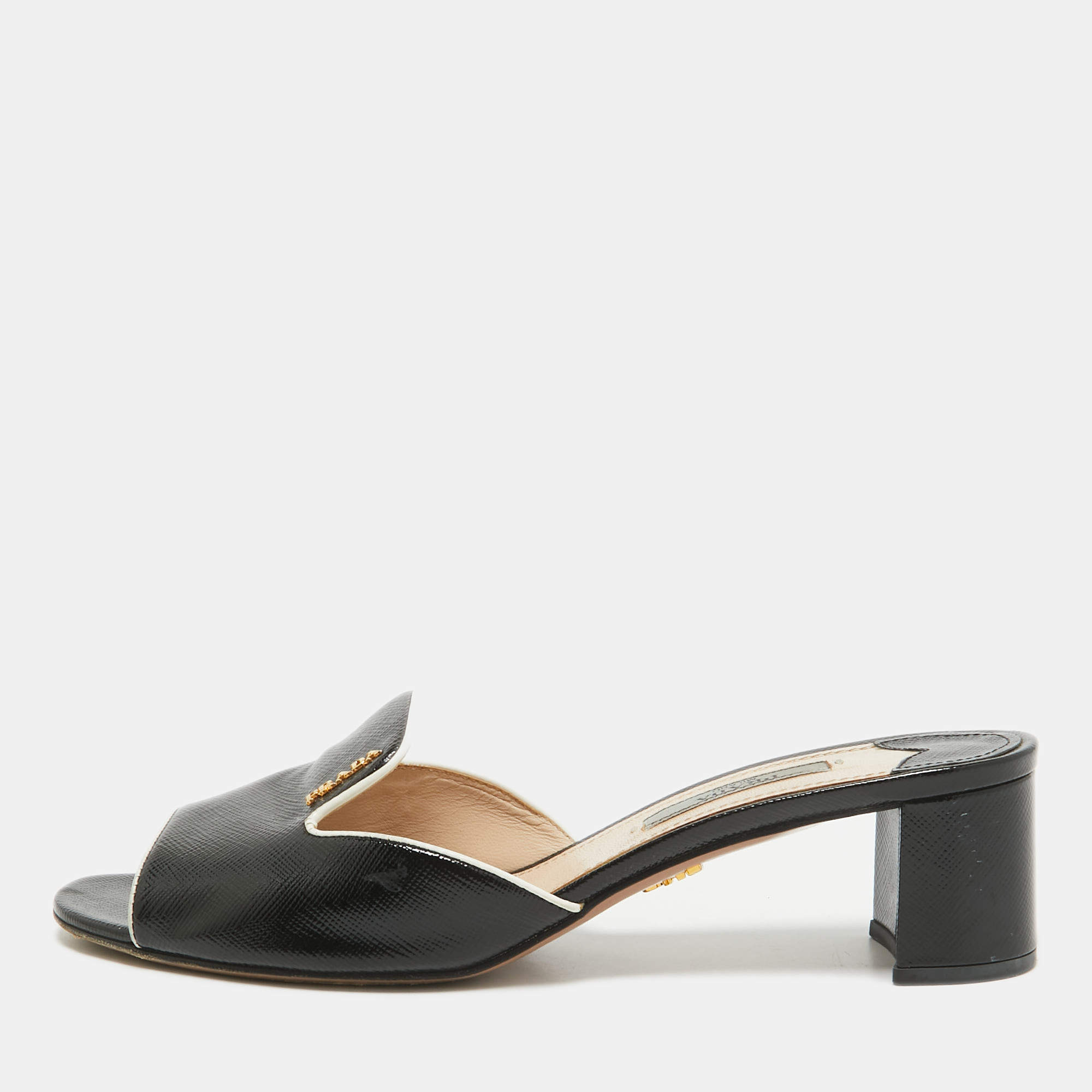 Prada Black Vernice Saffiano Leather Slide Sandals Size 36.5