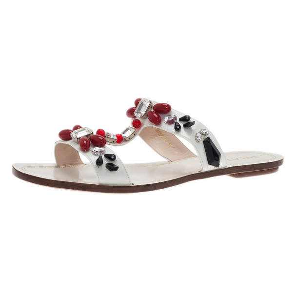 Pre Owned Prada White Patent Saffiano Leather Jeweled Flat Sandals Size 39.5
