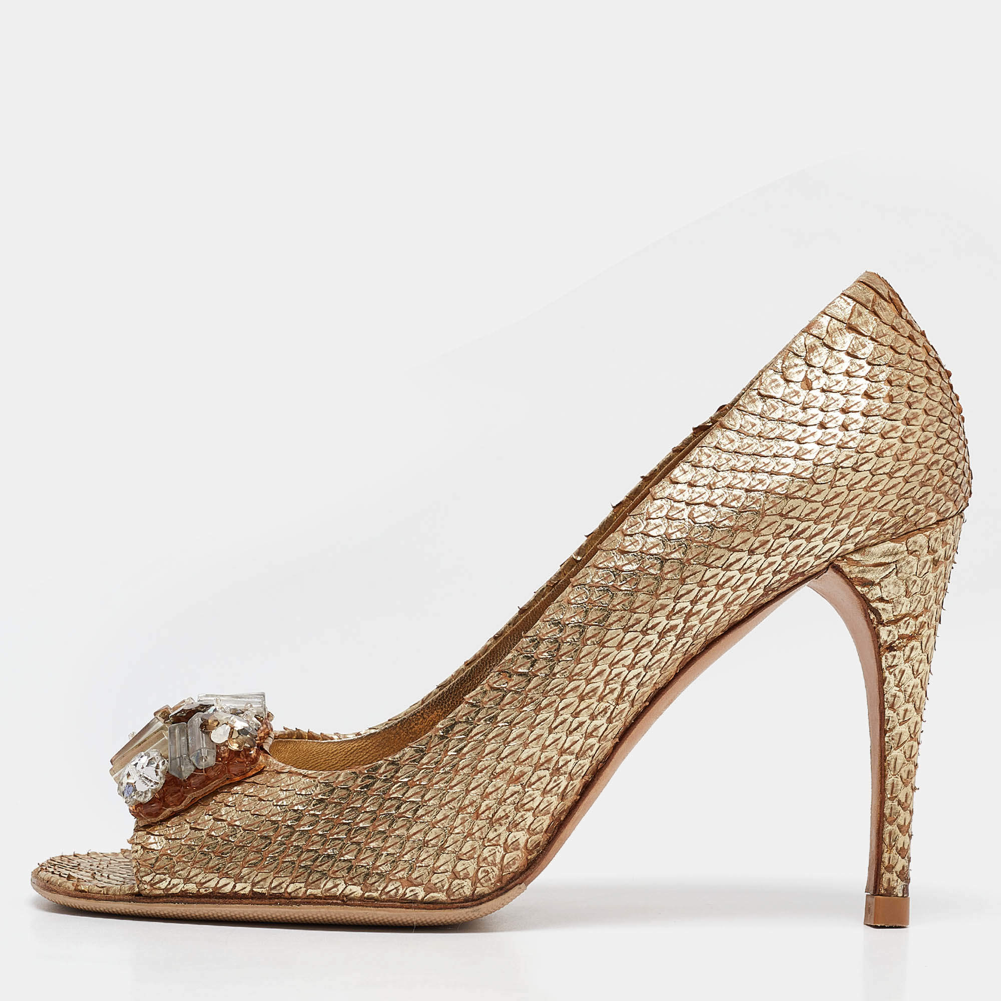 Prada Gold Snakeskin Leather Peep Toe Pumps Size 37